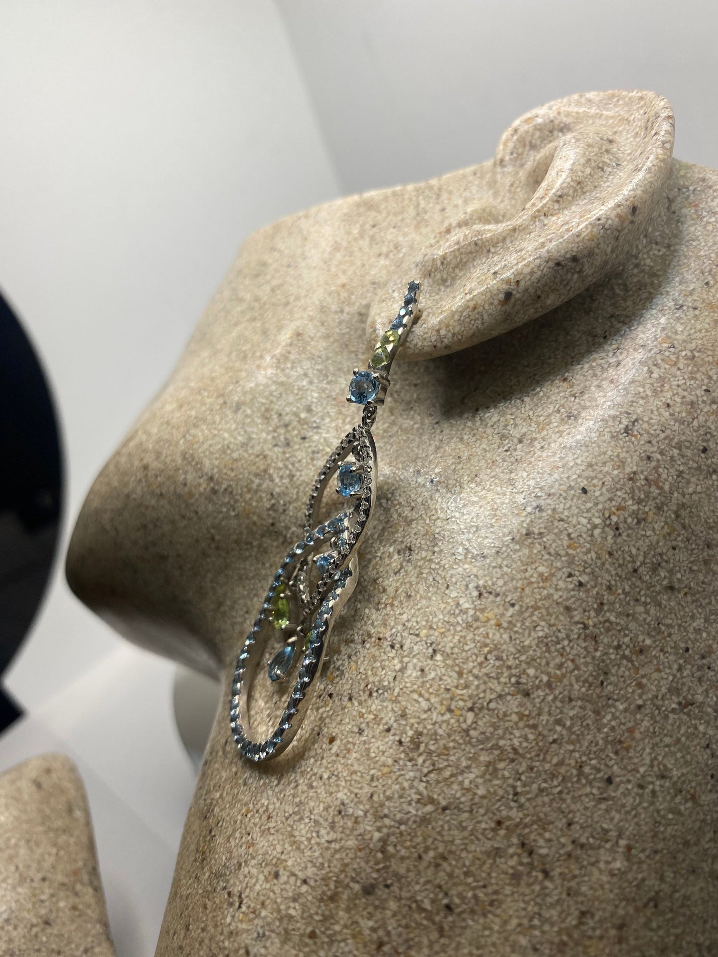 Vintage Blue Topaz Citrine Gemstone Sterling Silver Dangle Earrings