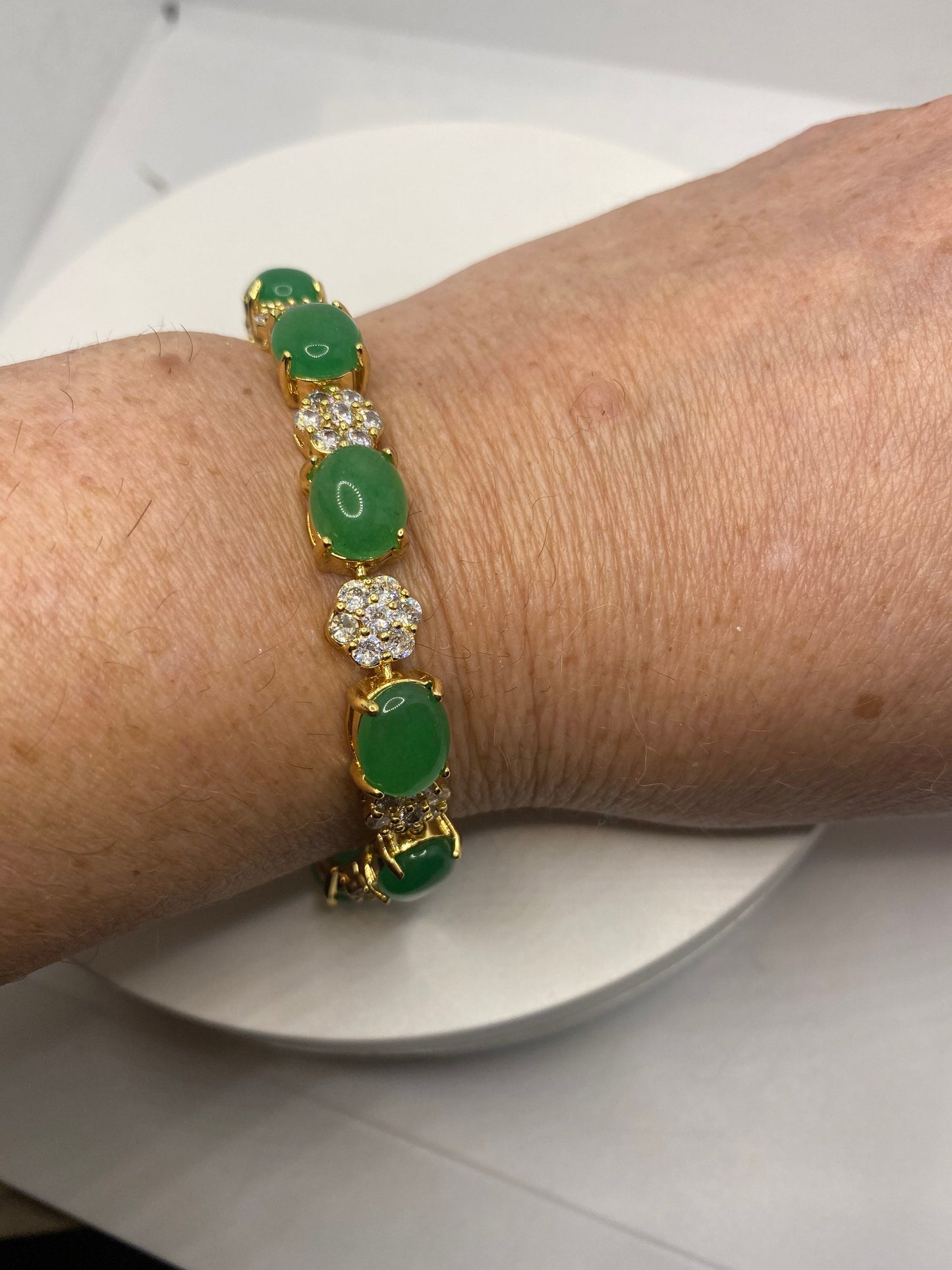 Vintage Green Jade Bracelet Golden Bronze