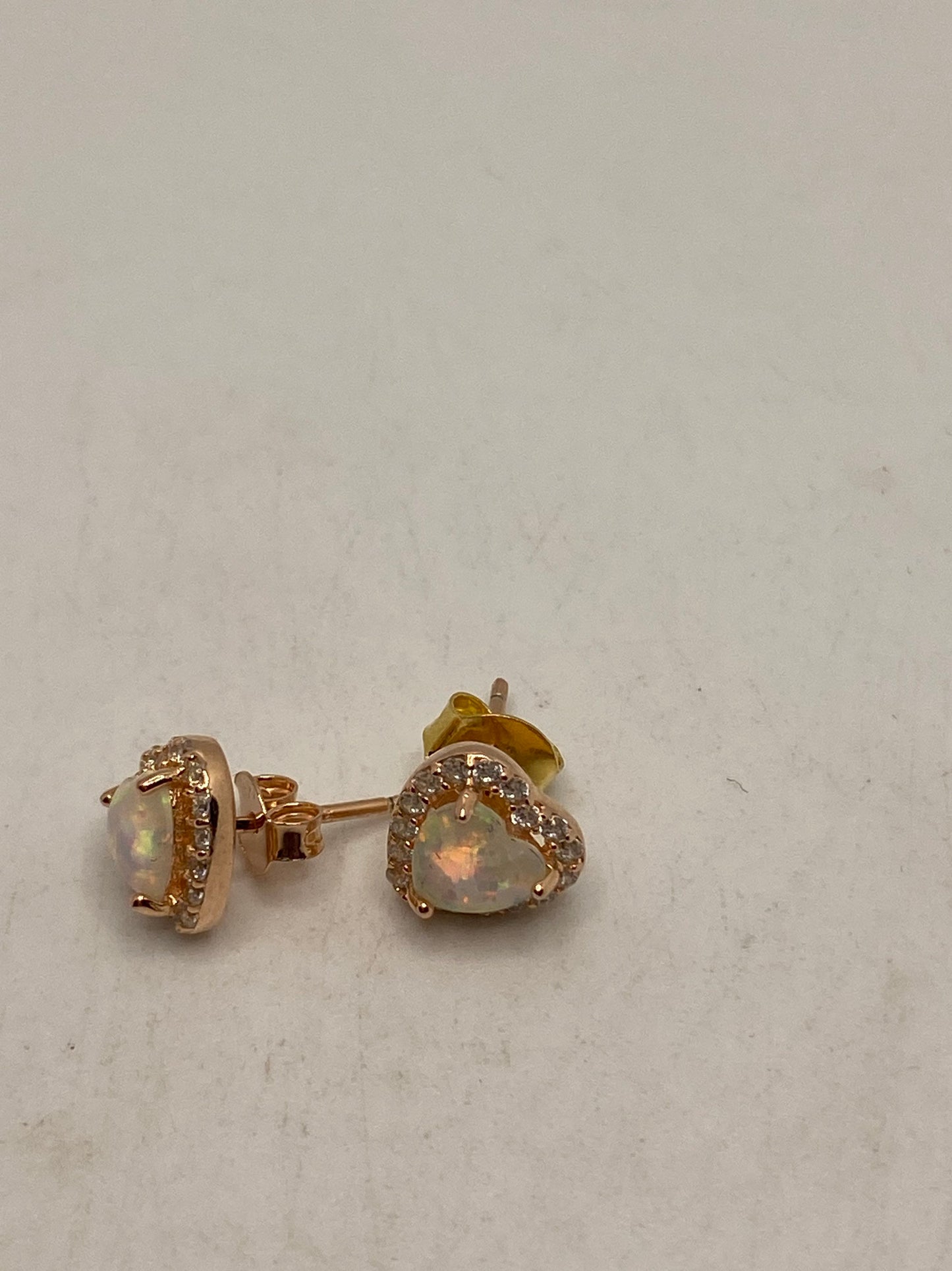 Vintage White Opal Heart Earrings Rose Golden 925 Sterling Silver Stud Button