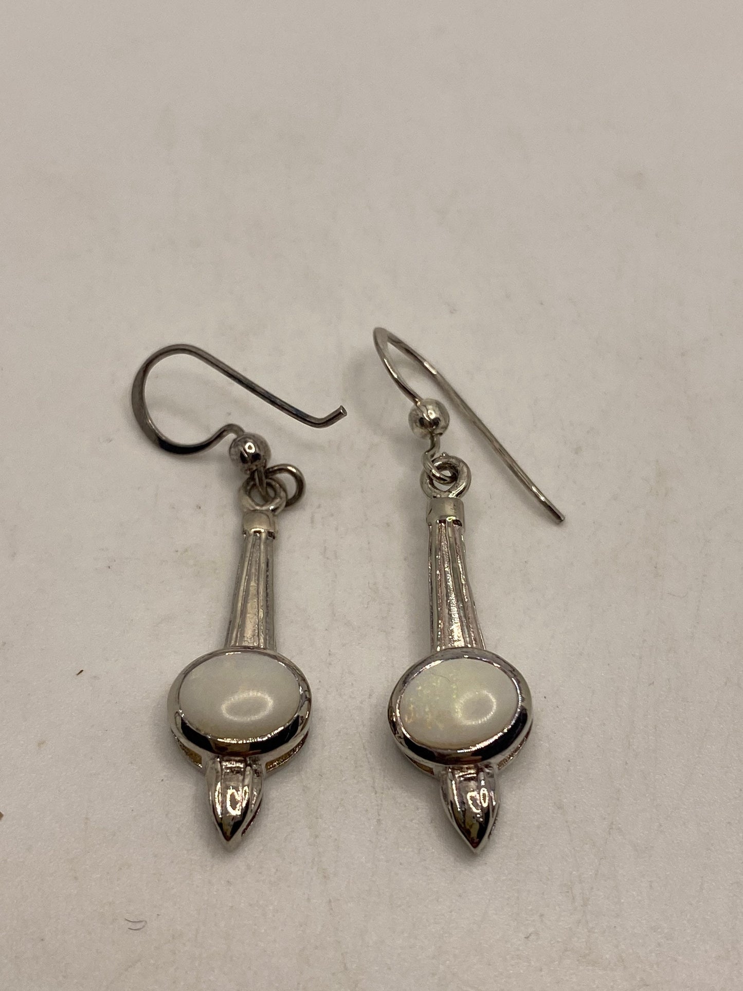 Vintage White Opal Earrings 925 Sterling Silver Leverback Dangle