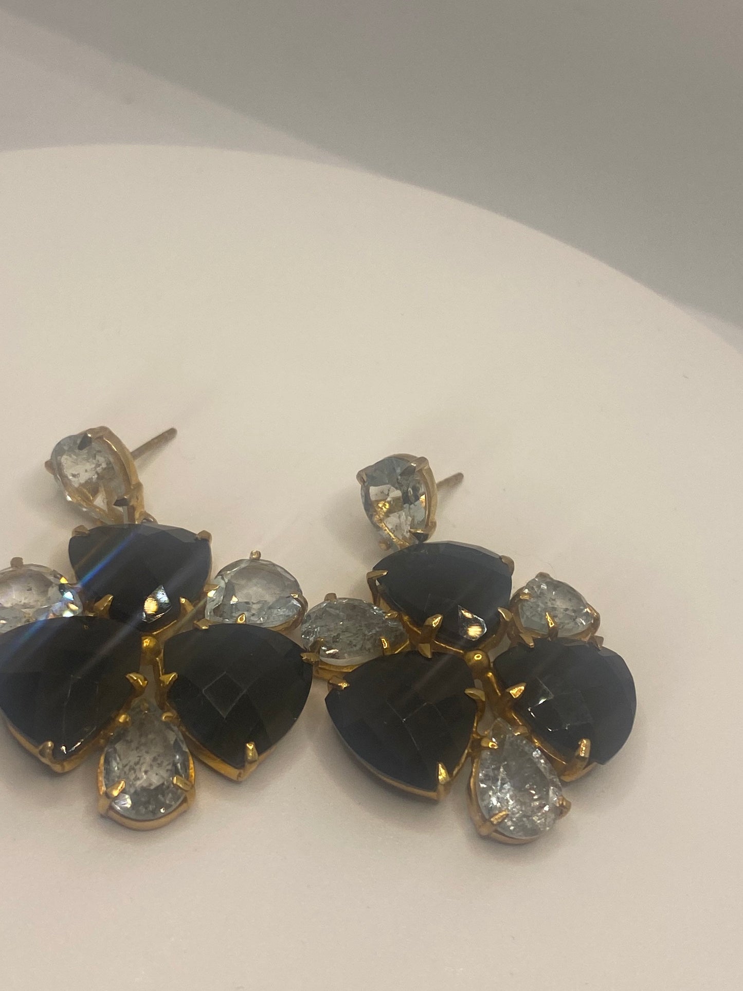Vintage Black Onyx Blue Aquamarine 925 Sterling Silver Chandlelier Dangle Deco Earrings