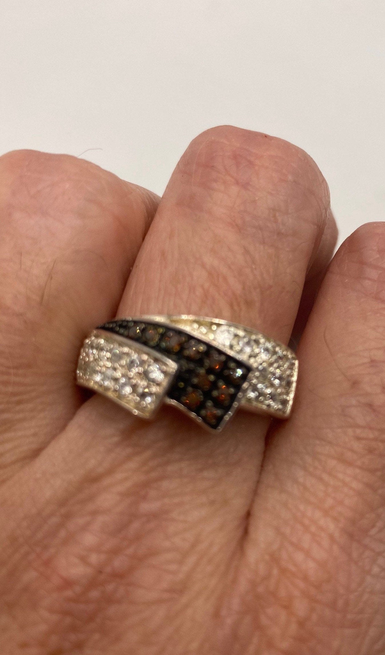 Vintage White Sapphire and Brown Garnet 925 Sterling Silver Wedding Band Ring