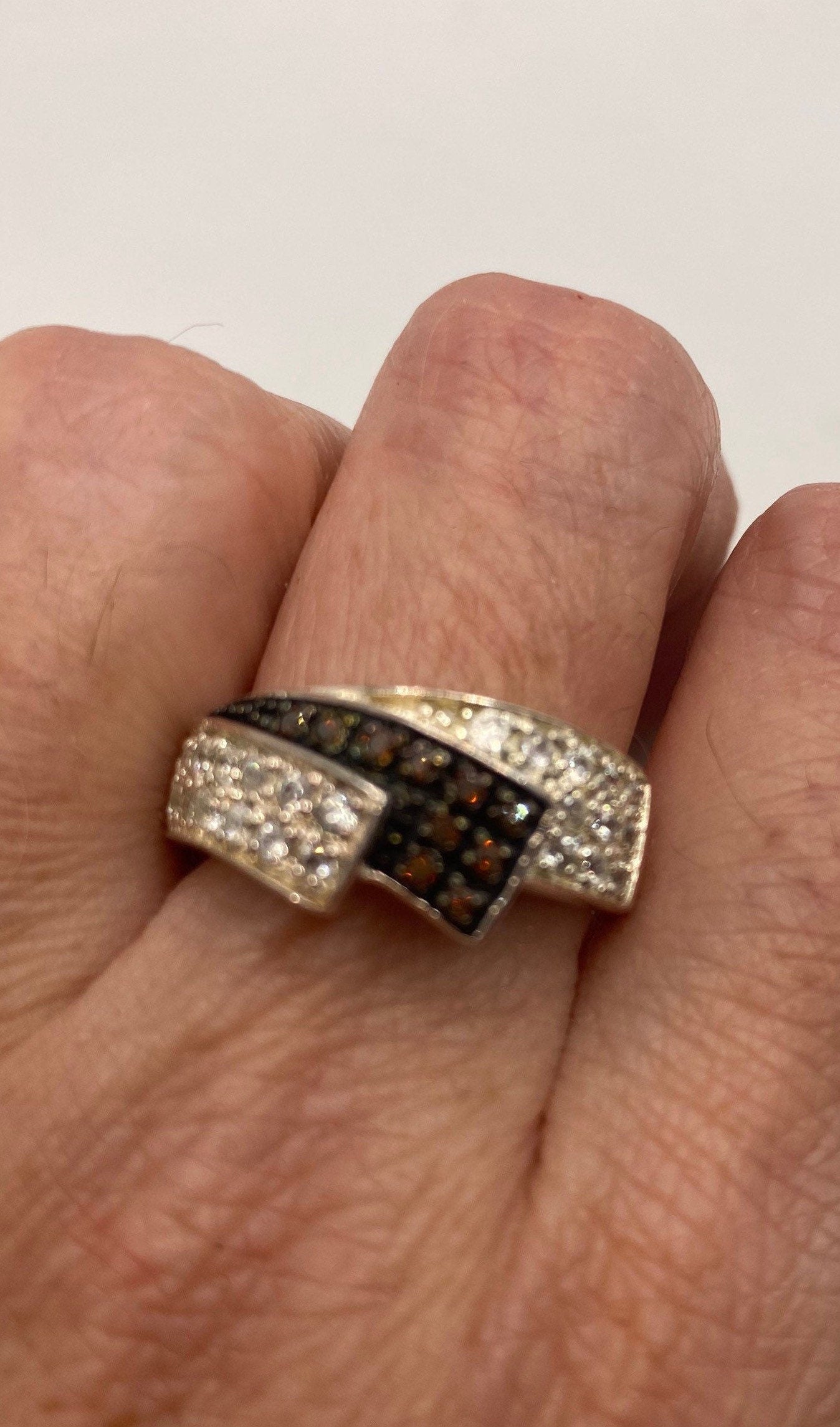 Vintage White Sapphire and Brown Garnet 925 Sterling Silver Wedding Band Ring