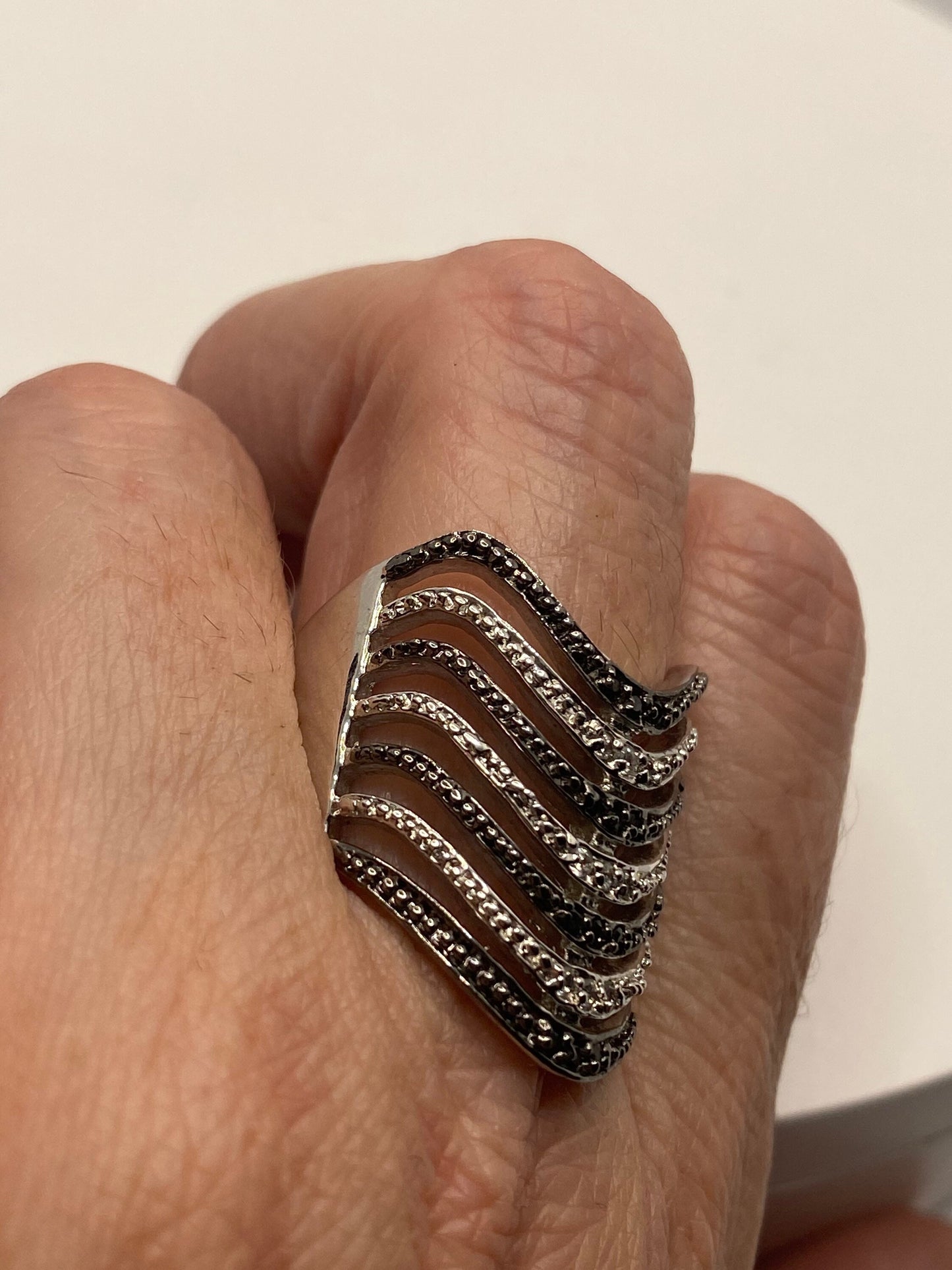 Vintage White and Black Sapphire 925 Sterling Silver Wedding Band Ring