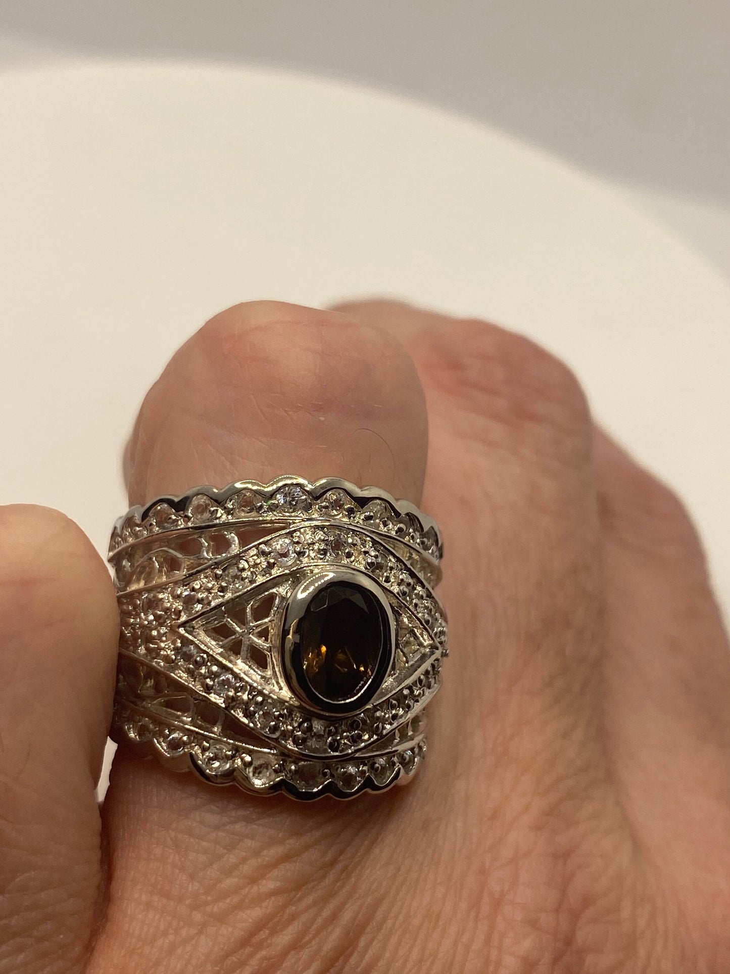 Vintage Smoky Topaz Setting 925 Sterling Silver Gothic Ring Size 7