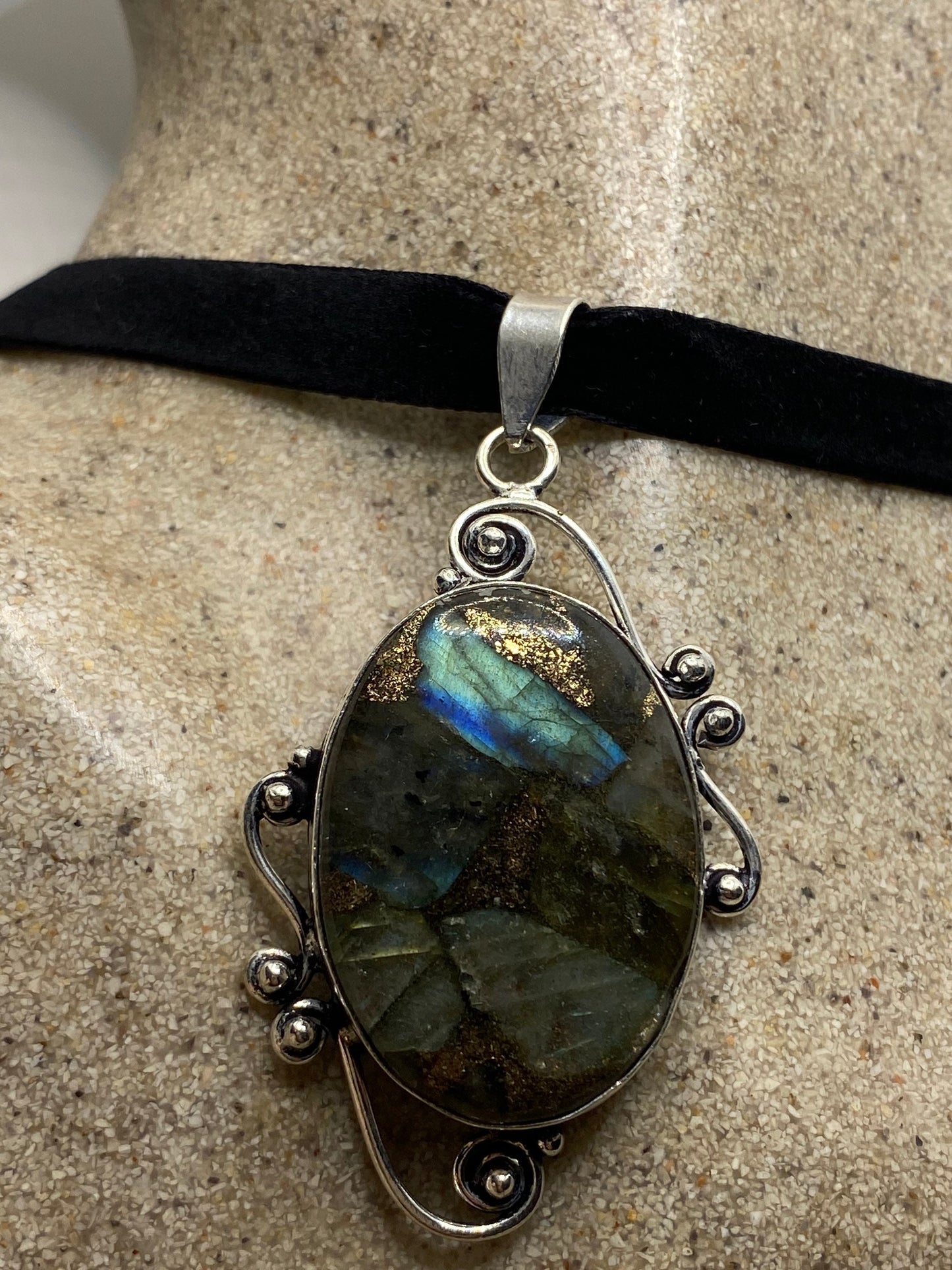 Vintage Rainbow Labradorite Mosaic Choker Pendant Necklace