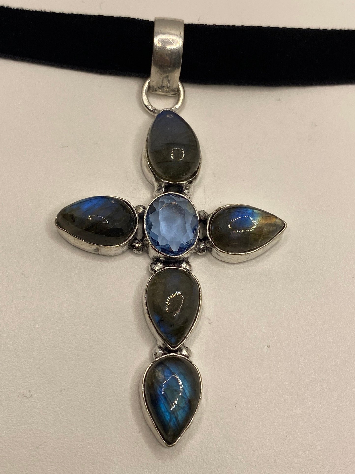 Vintage Rainbow Labradorite Cross Choker Pendant Necklace