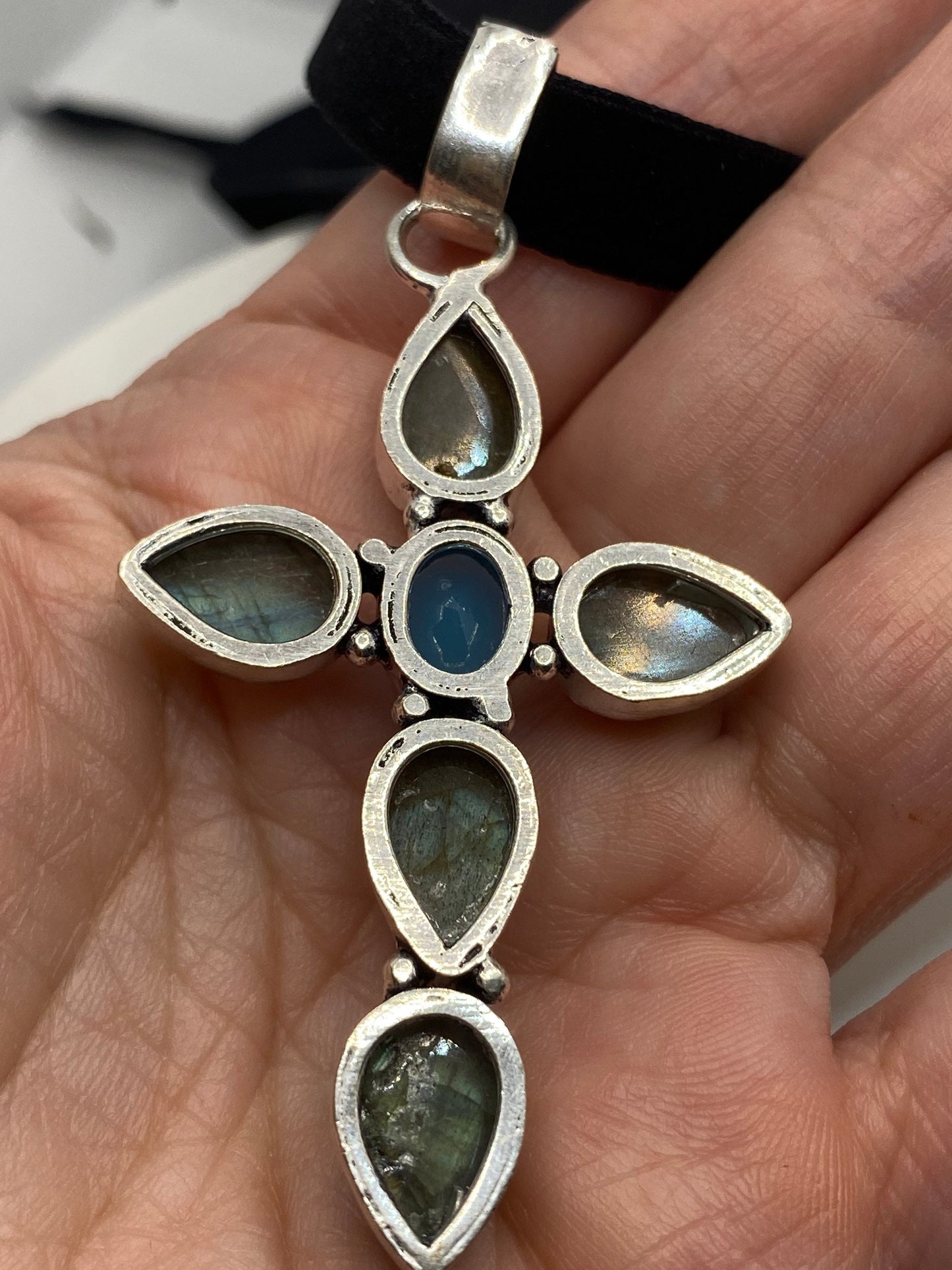 Vintage Rainbow Labradorite Cross Choker Pendant Necklace