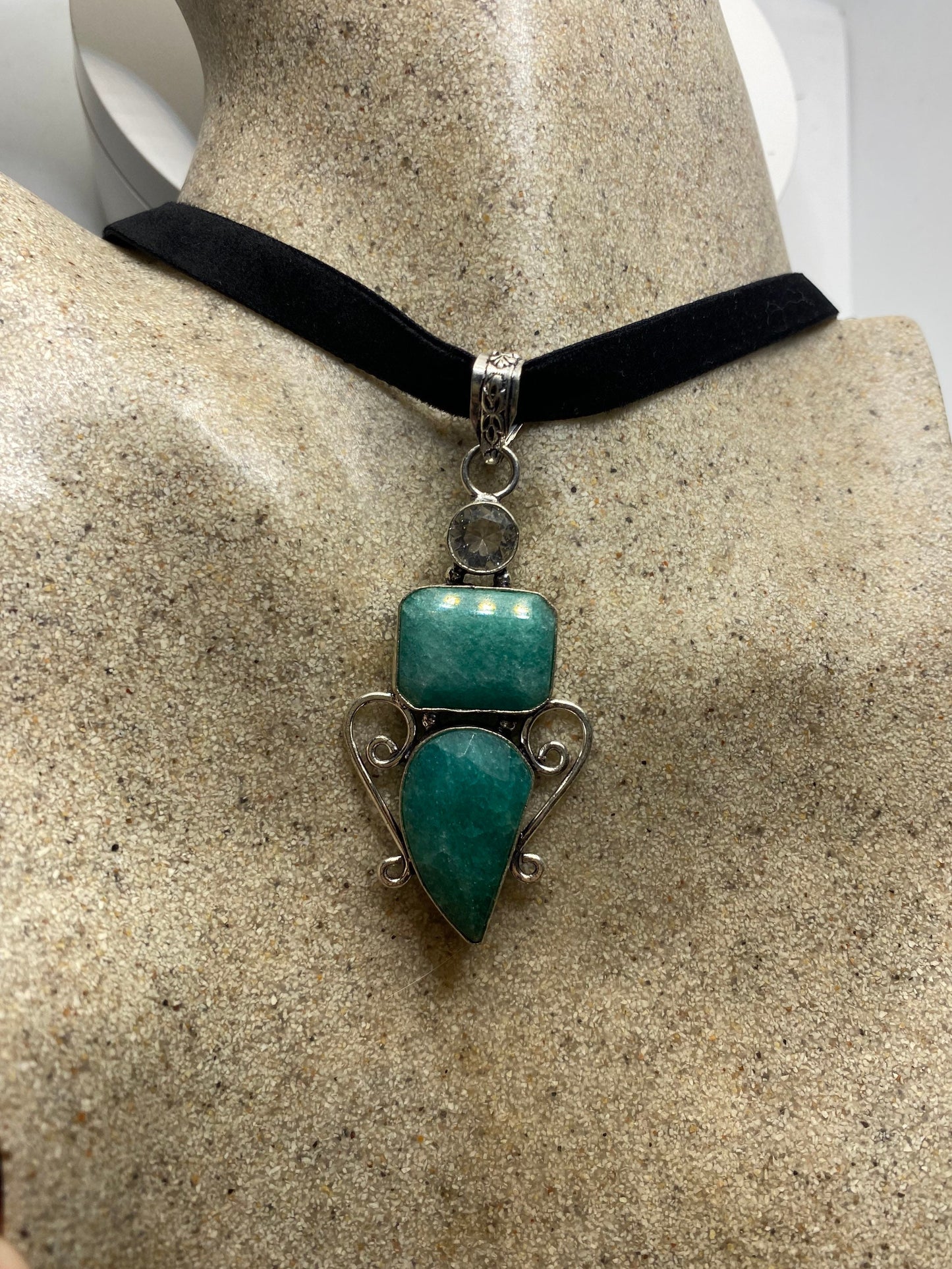 Vintage Green Raw Emerald Crystal Black Velvet Choker Pendant