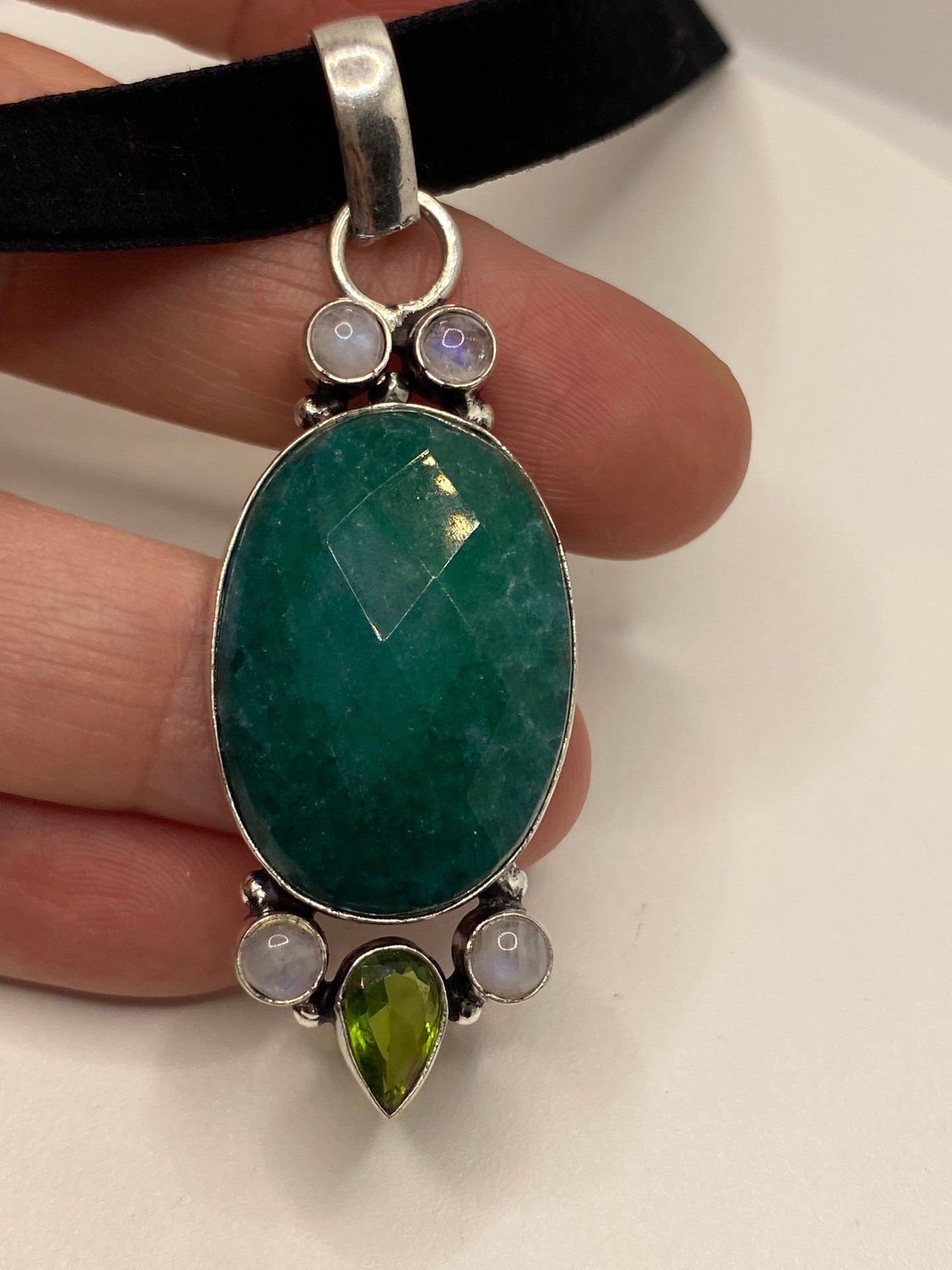Vintage Green Raw Emerald Crystal Black Velvet Choker Pendant