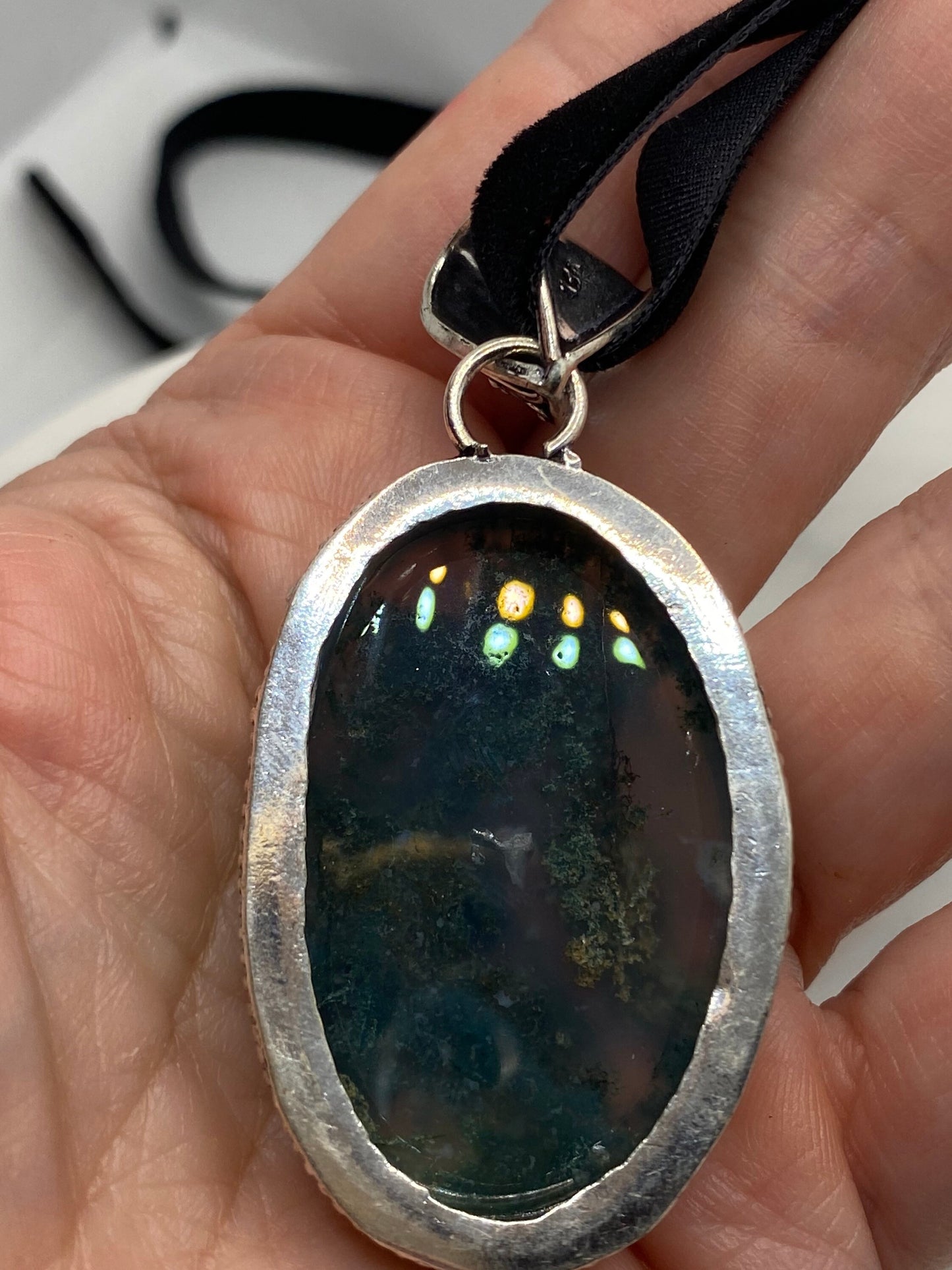 Vintage Green Moss Agate Silver Finish Necklace