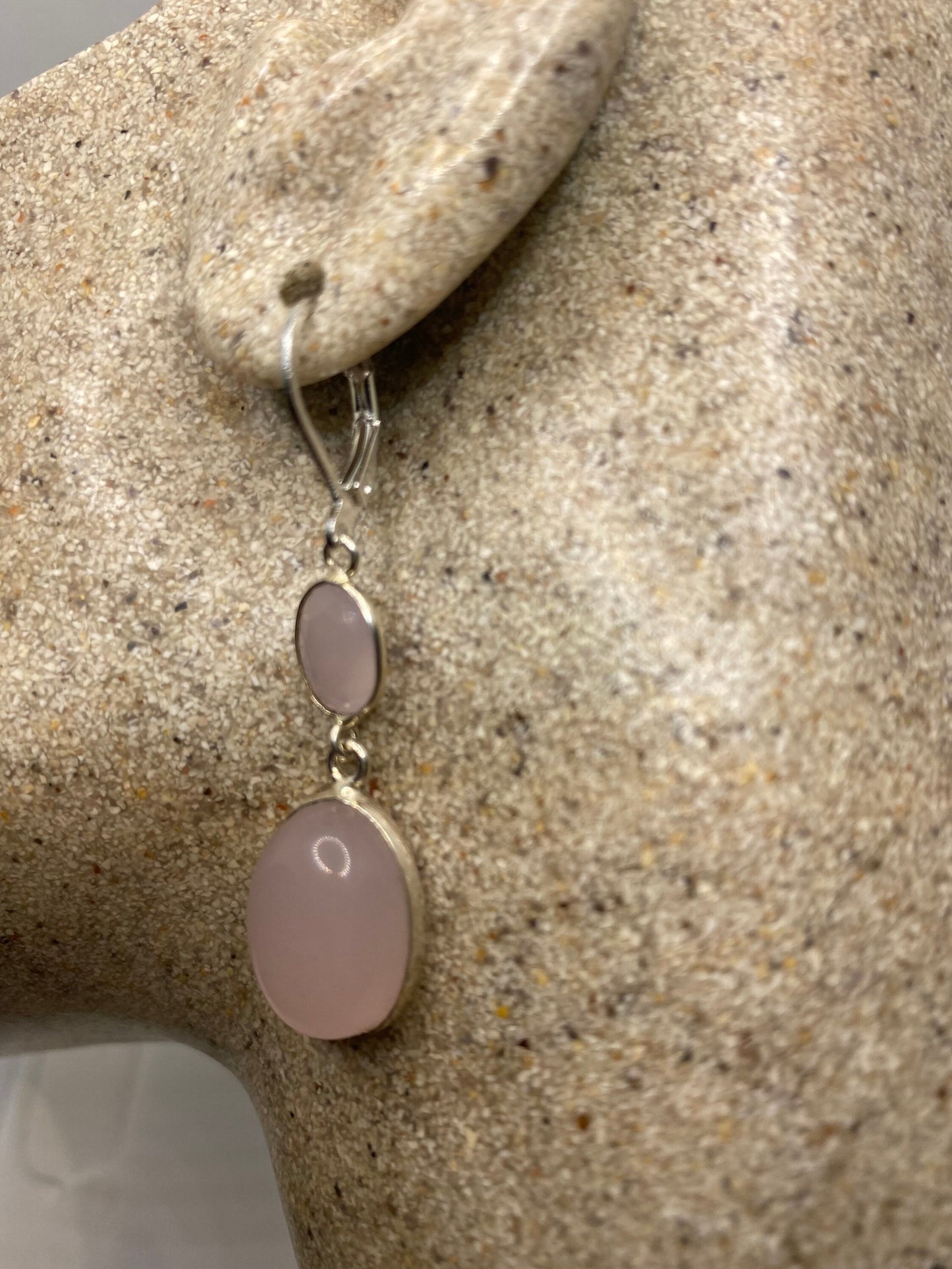 Vintage Rose Quartz Sterling Silver Lever Back Dangle Earrings