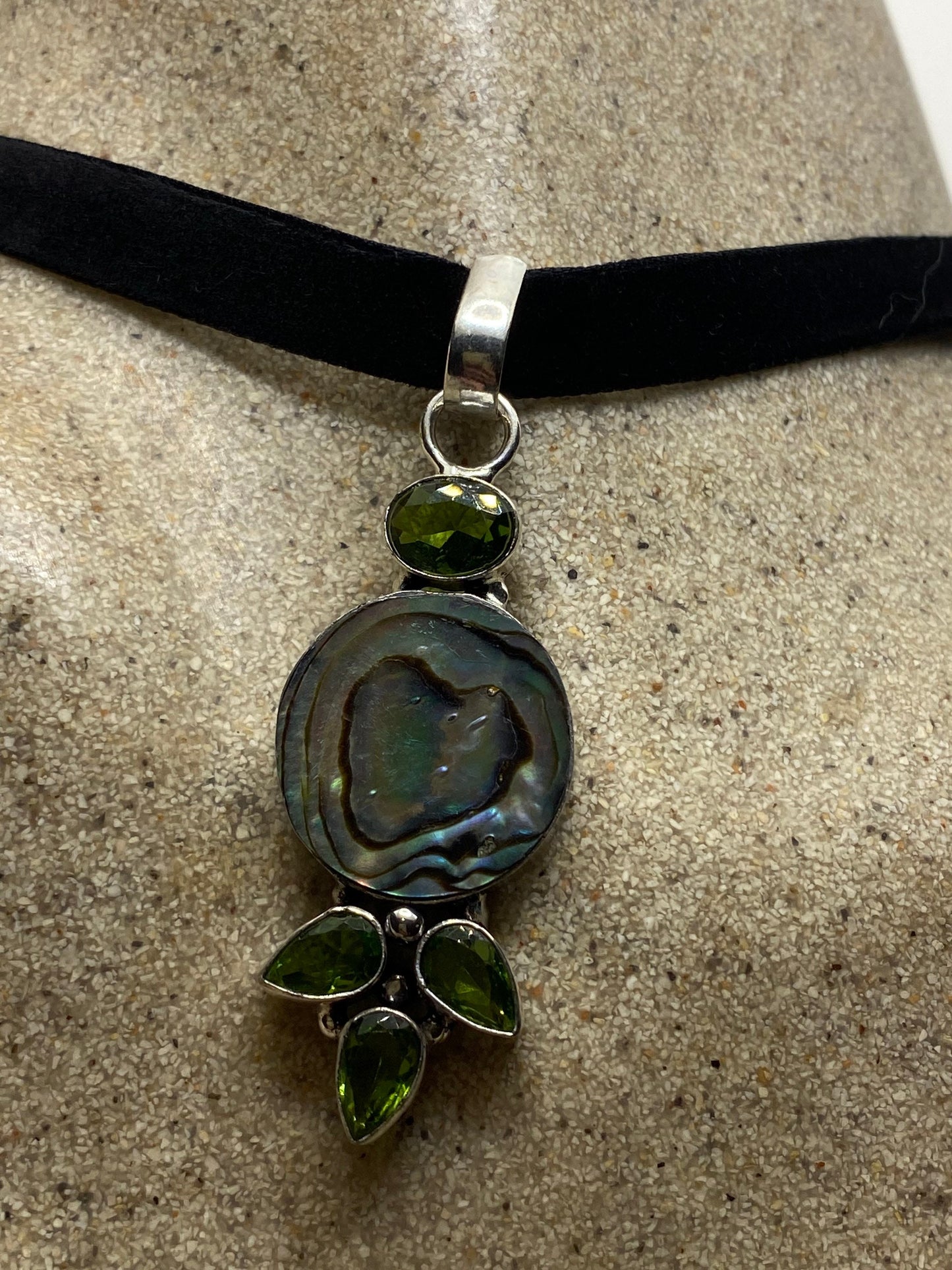 Vintage Green Abalone Peridot Silver Necklace Choker