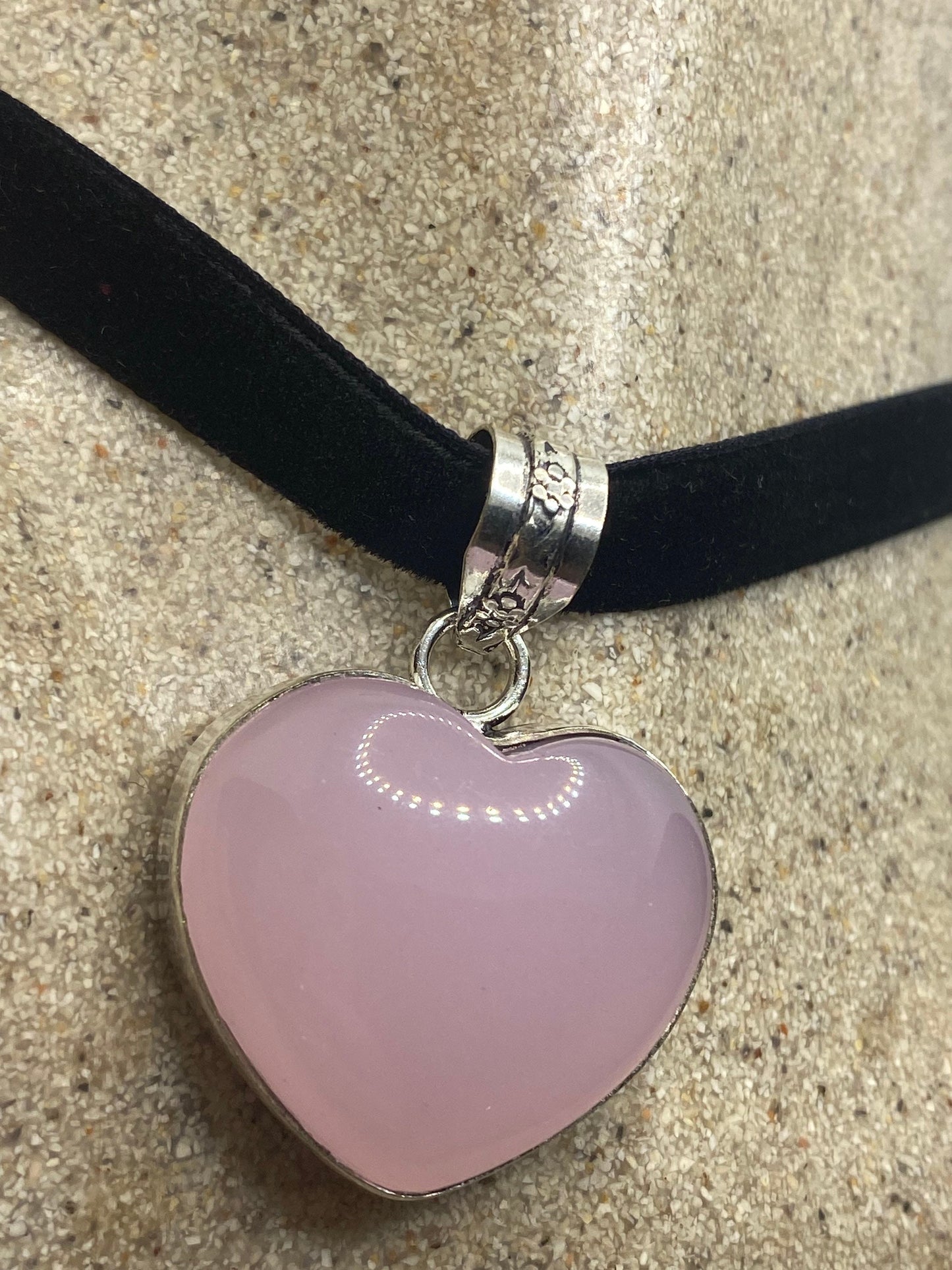 Vintage Handmade Silver Finish Rose Quartz Heart Choker Pendant