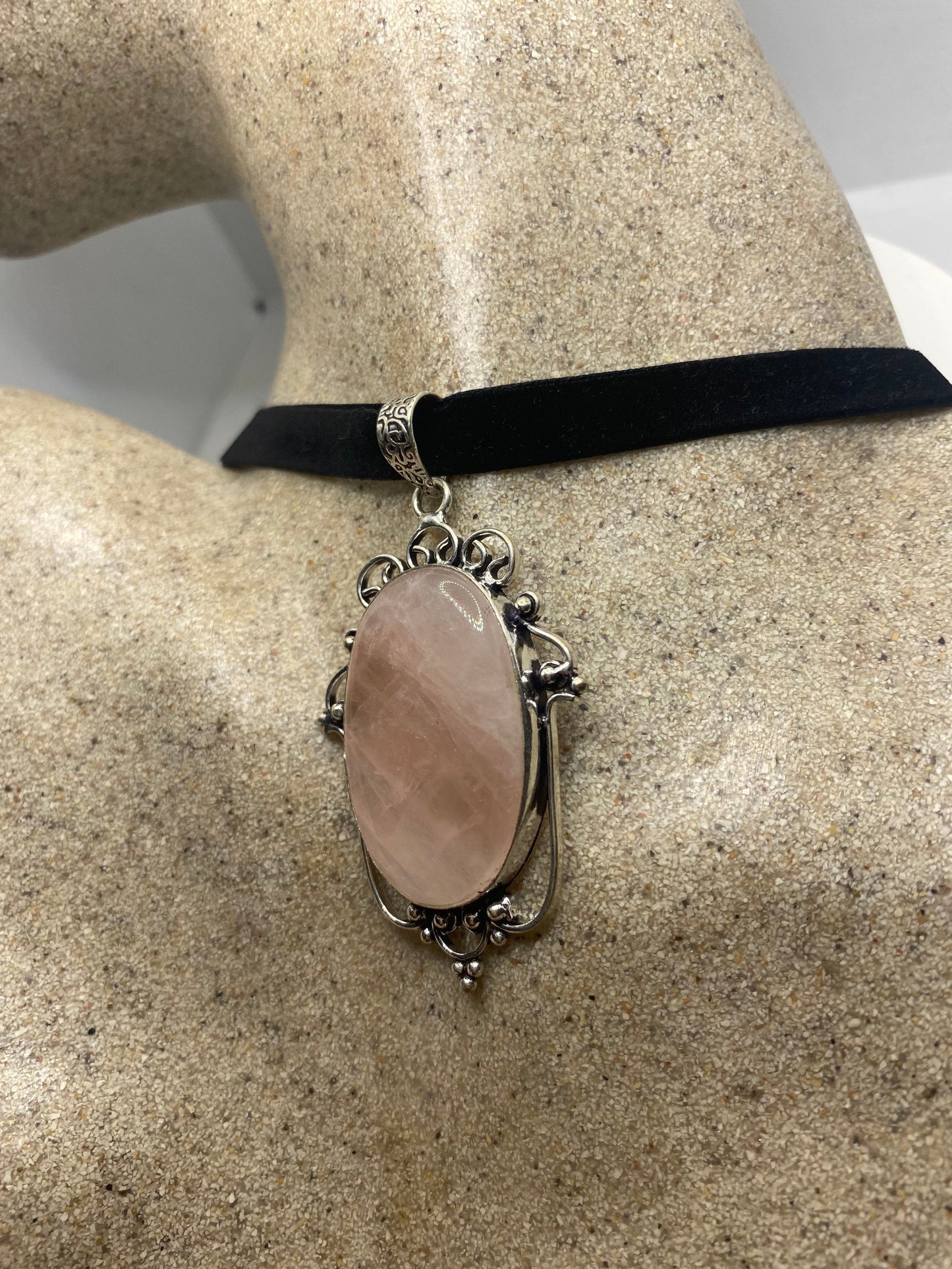 Vintage Handmade Silver Finish Rose Quartz Choker Pendant