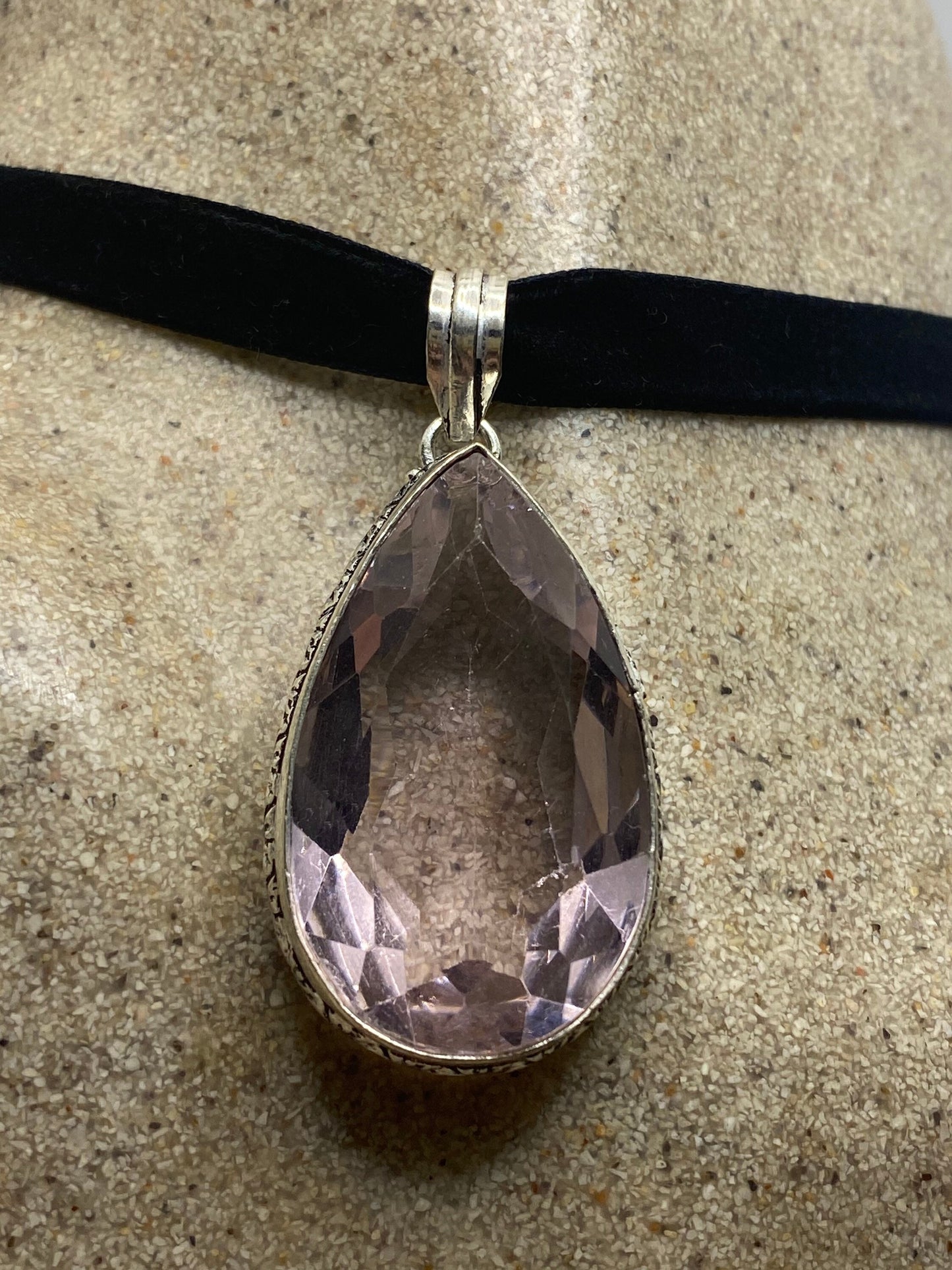 Vintage Handmade Silver Finish Rose Quartz Choker Pendant