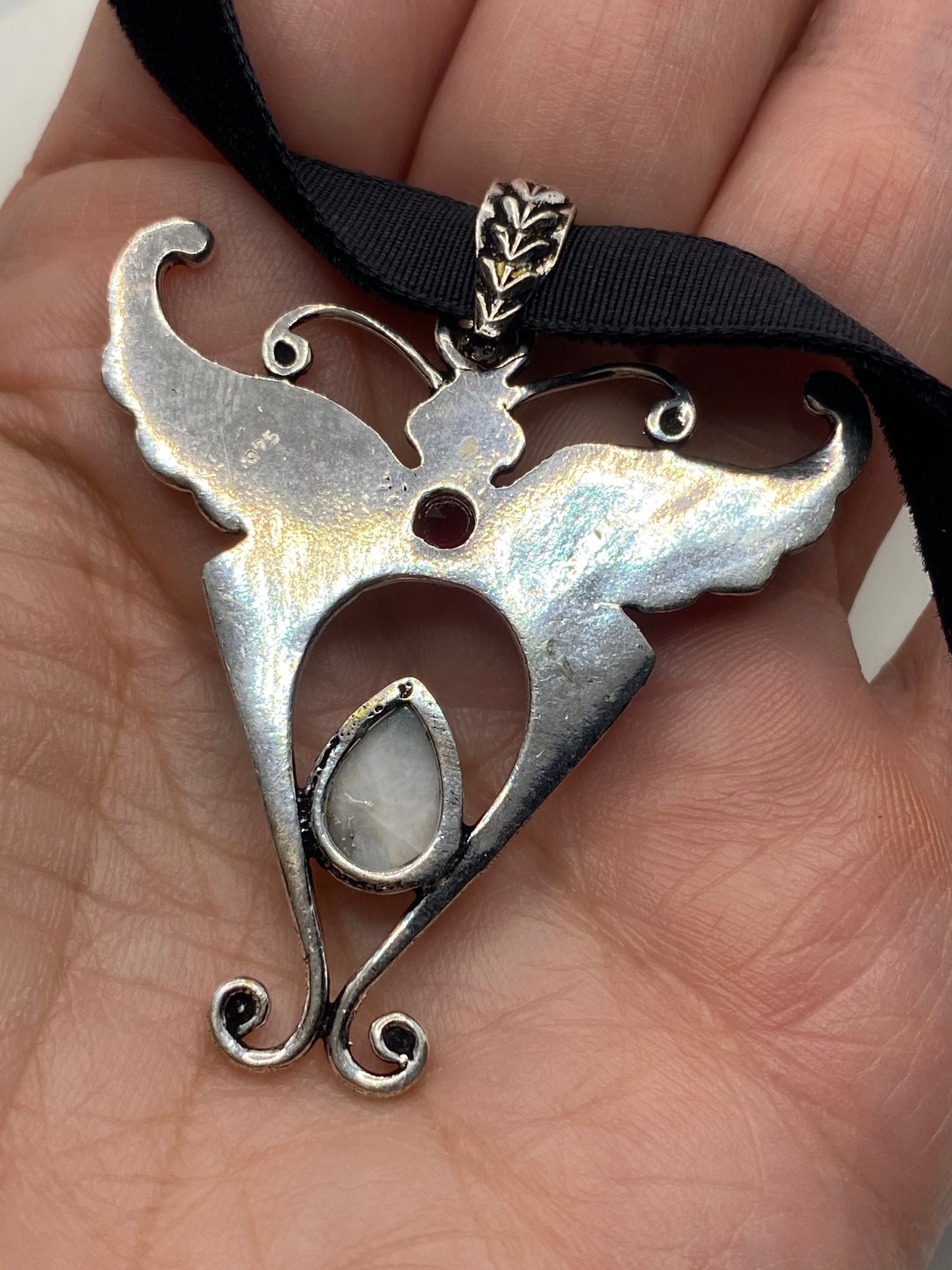 Vintage Lunar Moth Choker Blue Larimar Red garnet Necklace