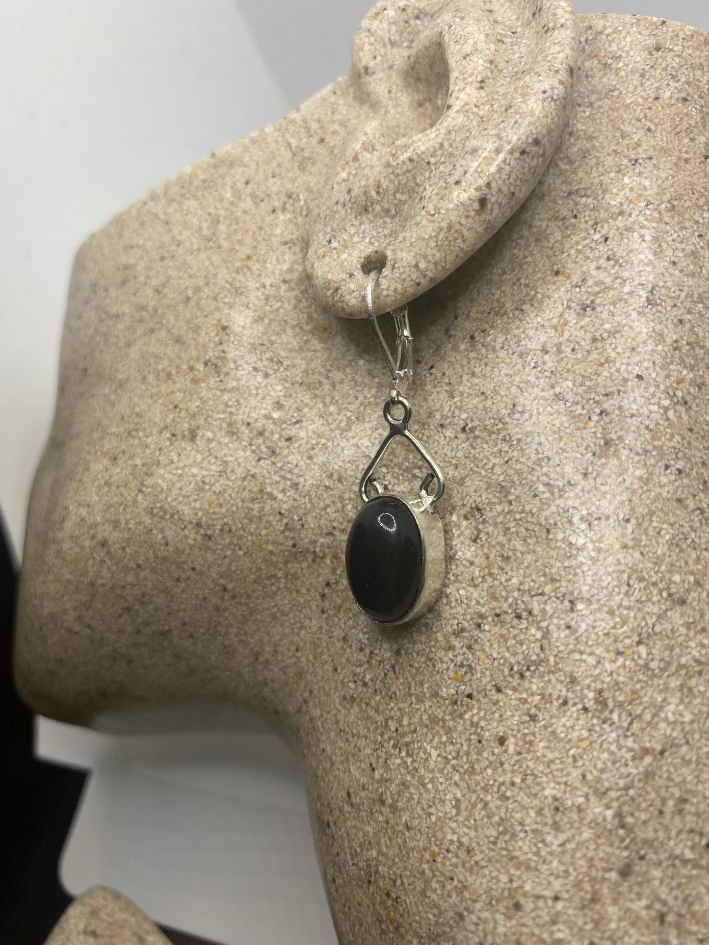 Vintage Black Onyx Earrings 925 Sterling Silver Deco Dangle Chandelier