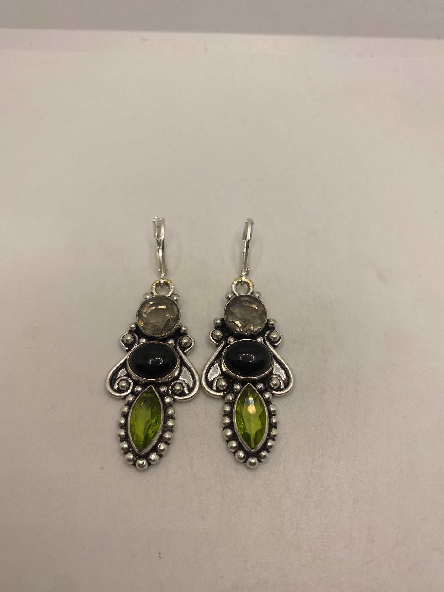 Vintage Black Onyx Earrings 925 Sterling Silver Deco Dangle Chandelier