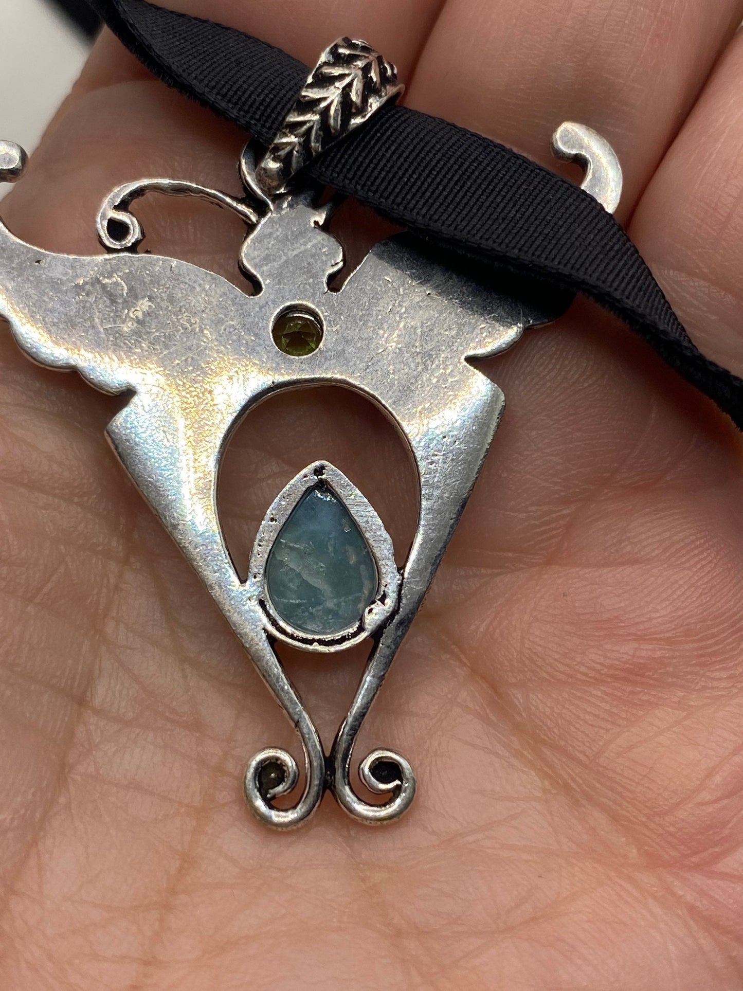 Vintage Lunar Moth Choker Blue Larimar and Peridot Necklace