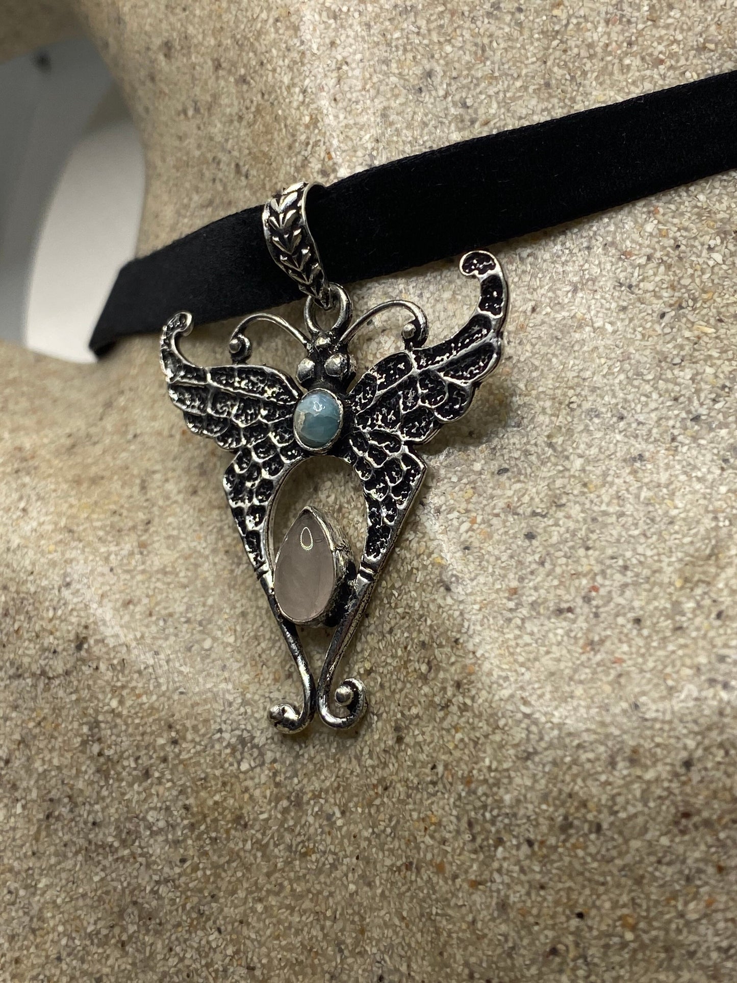Vintage Lunar Moth Choker Blue Larimar and Rose Quartz Necklace
