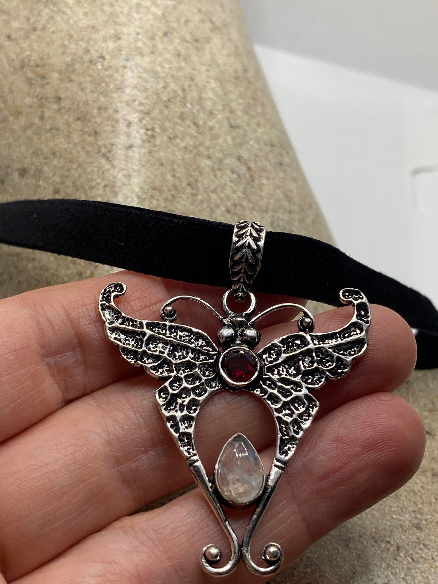 Vintage Lunar Moth Choker Rainbow Moonstone Red garnet Necklace