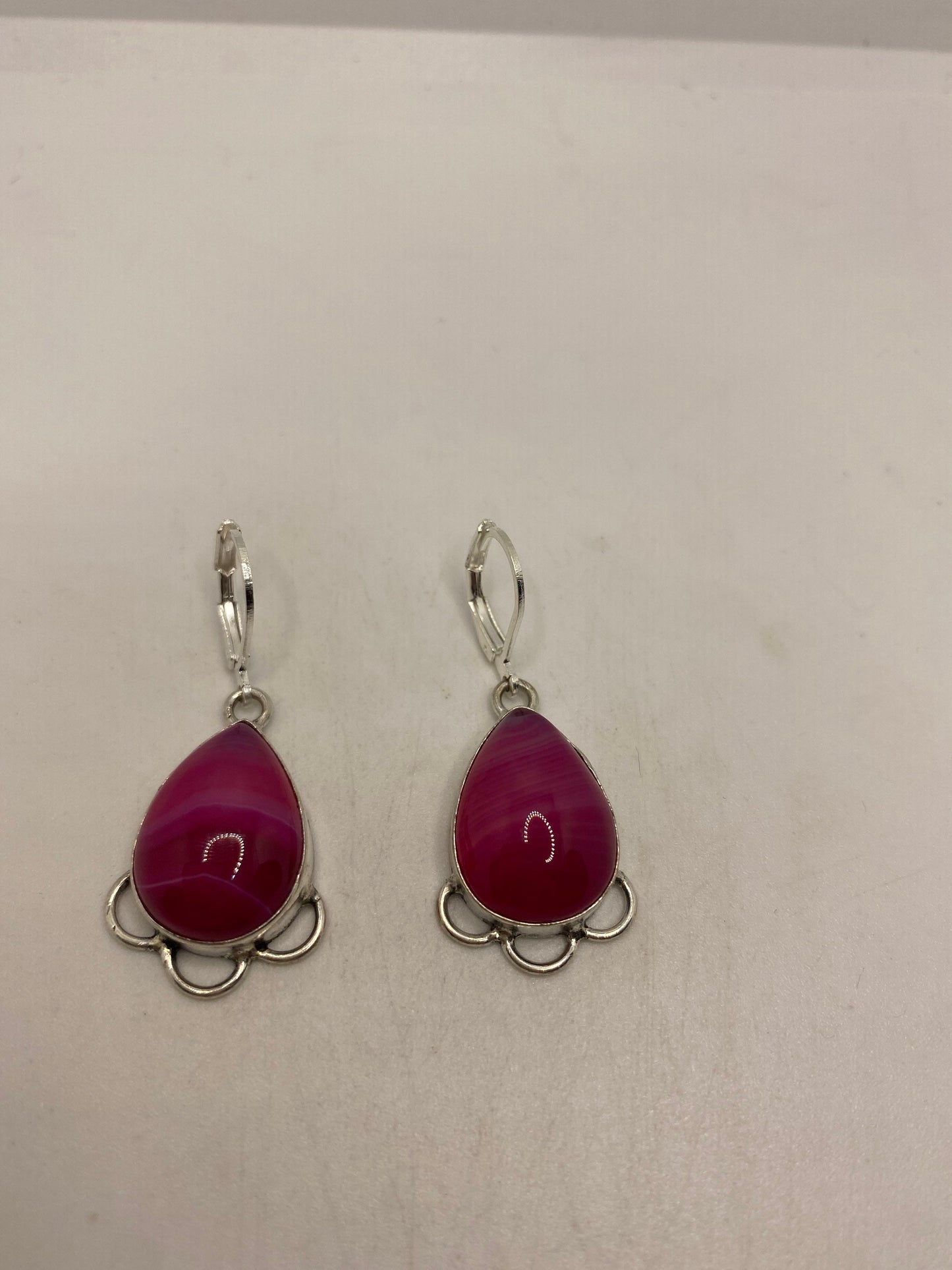 Vintage Pink Banded Agate Silver Dangle Leverback Earrings