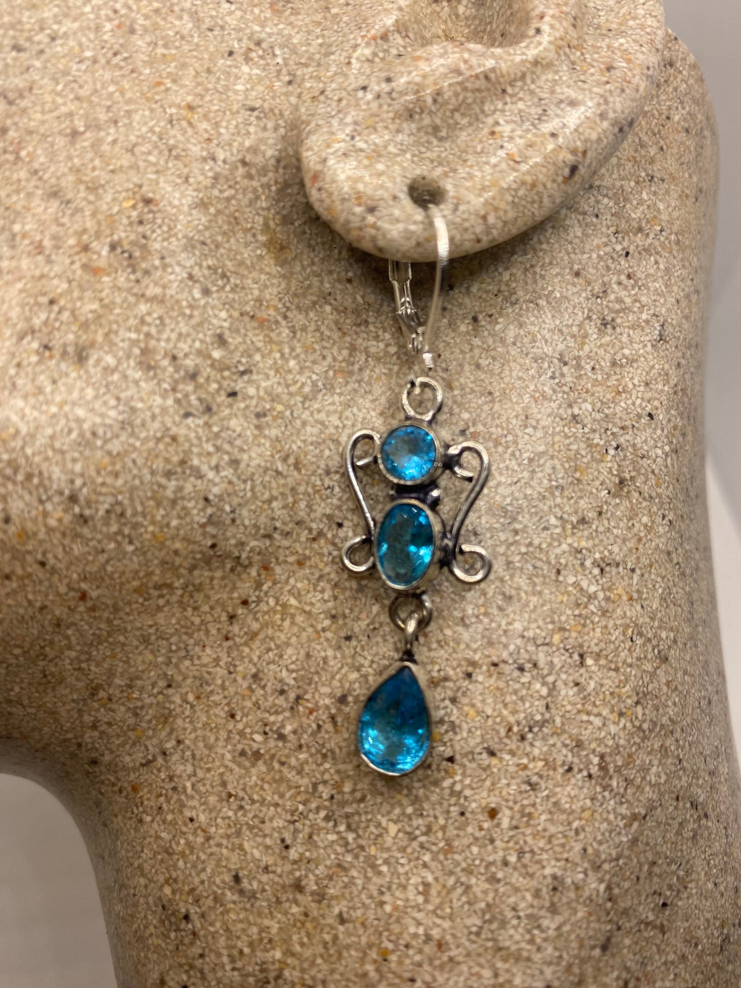 Vintage Blue Topaz LeverBack Earrings 925 Sterling Silver Dangle