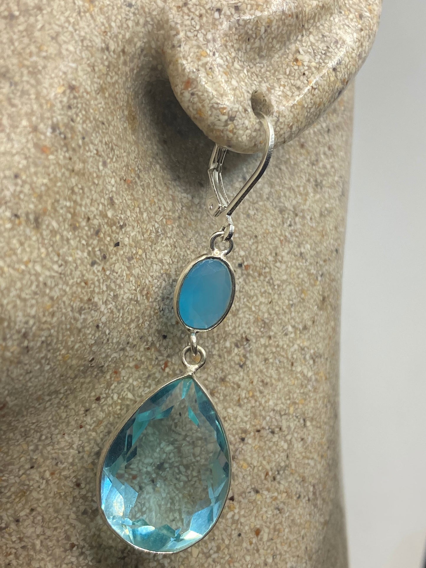 Vintage Blue Topaz LeverBack Earrings 925 Sterling Silver Dangle