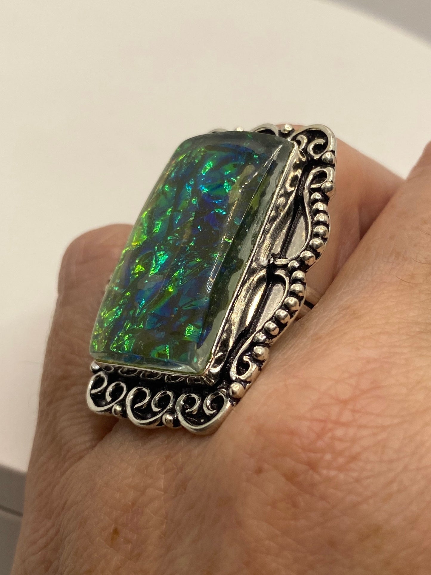 Vintage Aqua Butterfly Wing Art Glass Ring