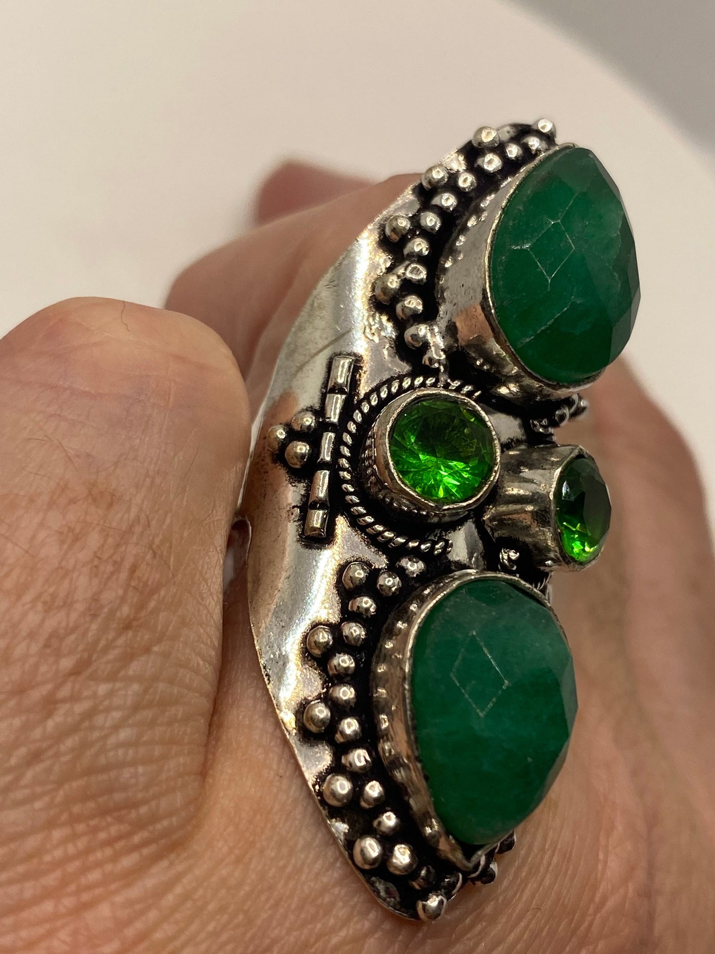 Vintage Raw Green Emerald White Bronze Silver Cocktail Ring Size 7