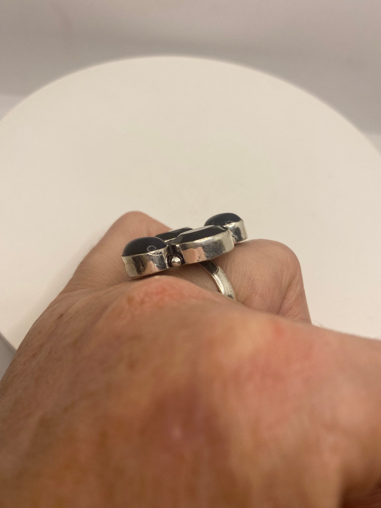 Vintage Faceted Black Onyx Cats Eye Silver Ring Size 6