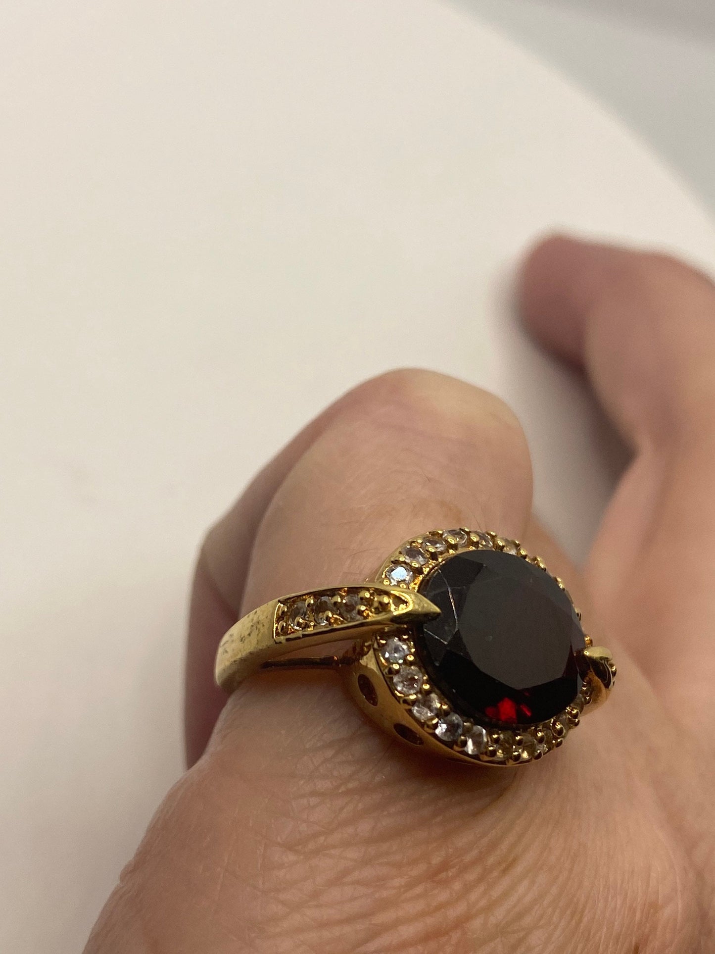 Vintage Red Bohemian Garnet Ring Golden 925 Sterling Silver Cocktail Statement