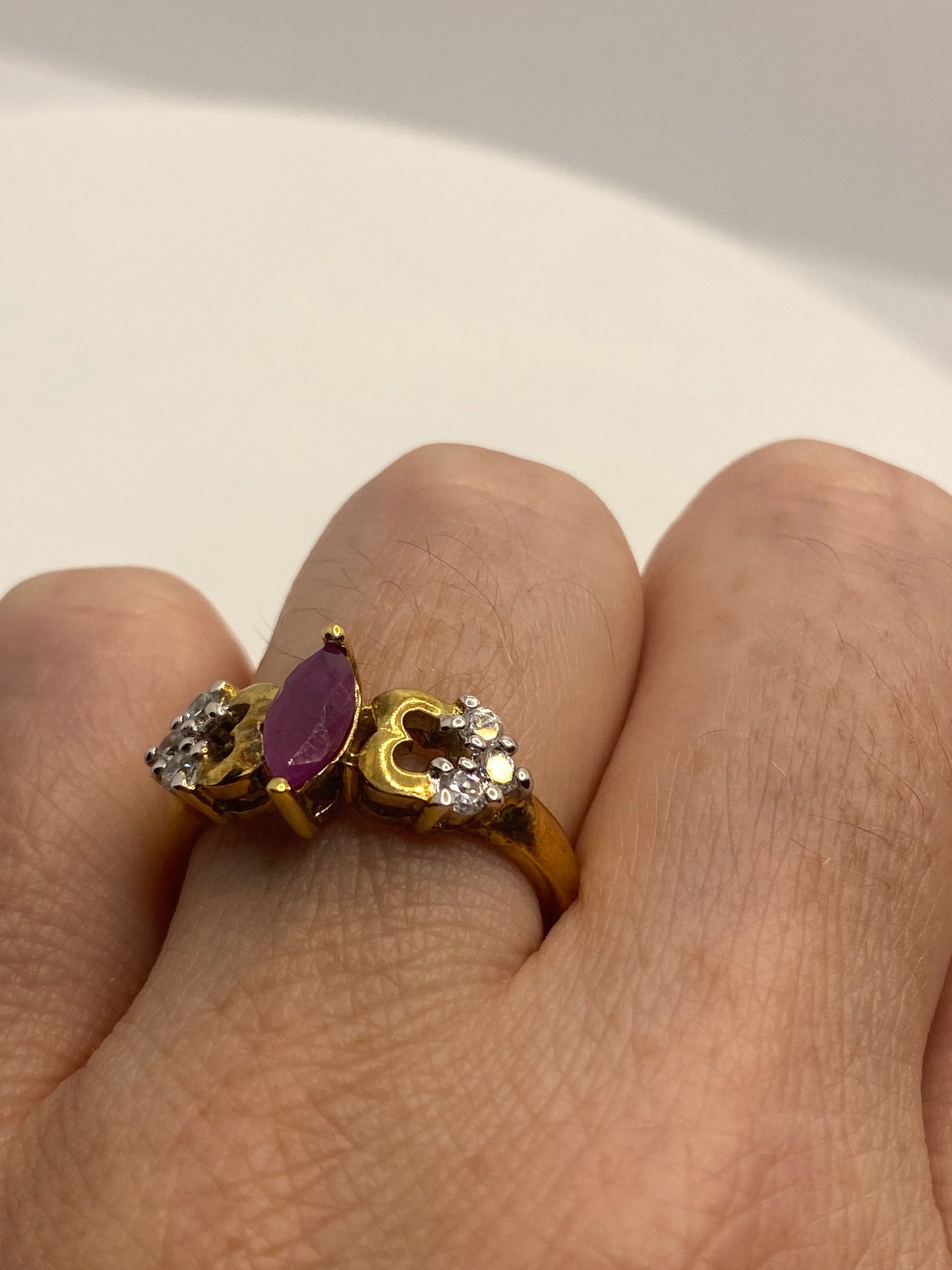 Vintage Pink Ruby Golden 925 Sterling Silver Band Ring
