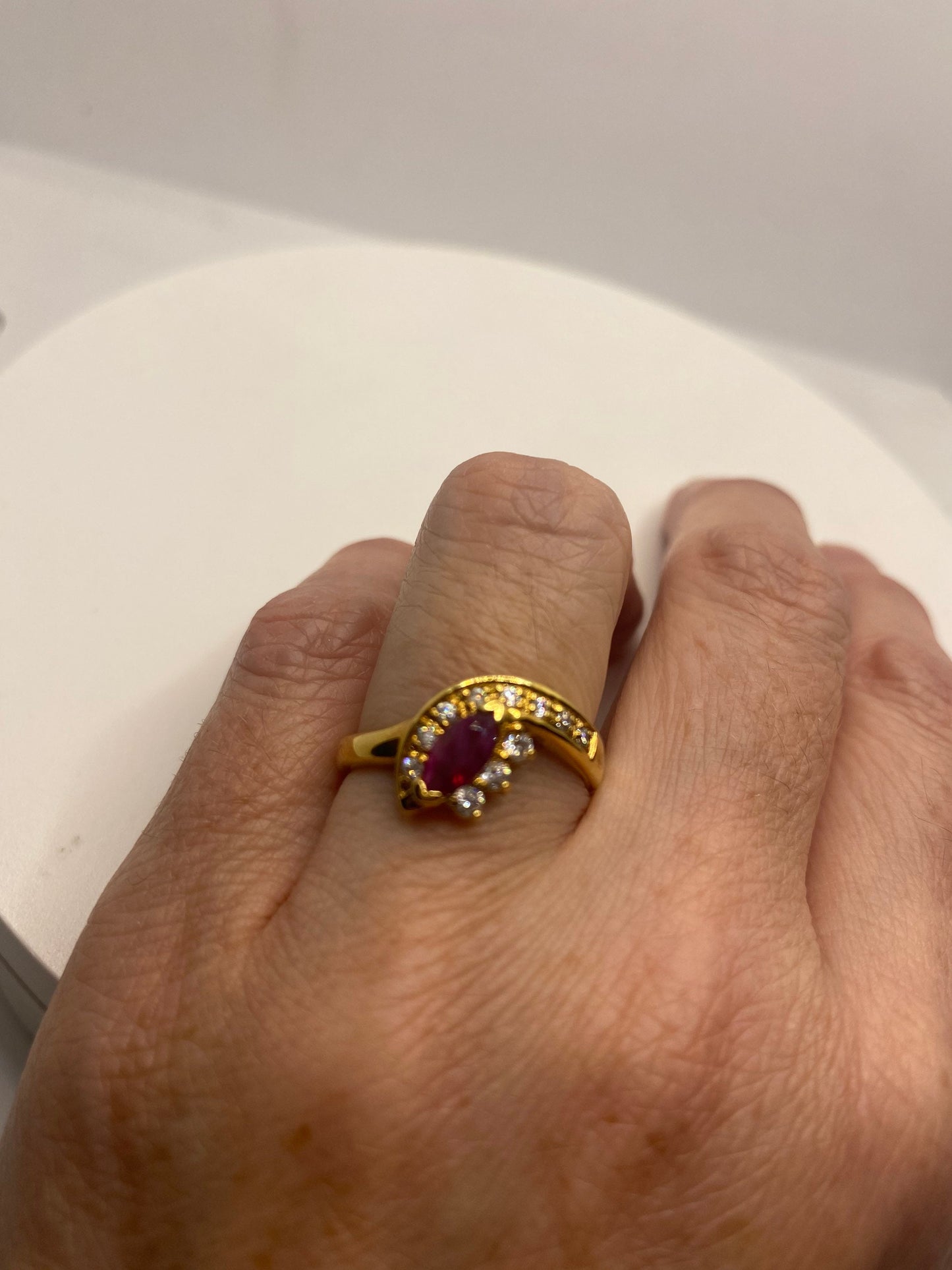 Vintage Pink Ruby Golden 925 Sterling Silver Band Ring