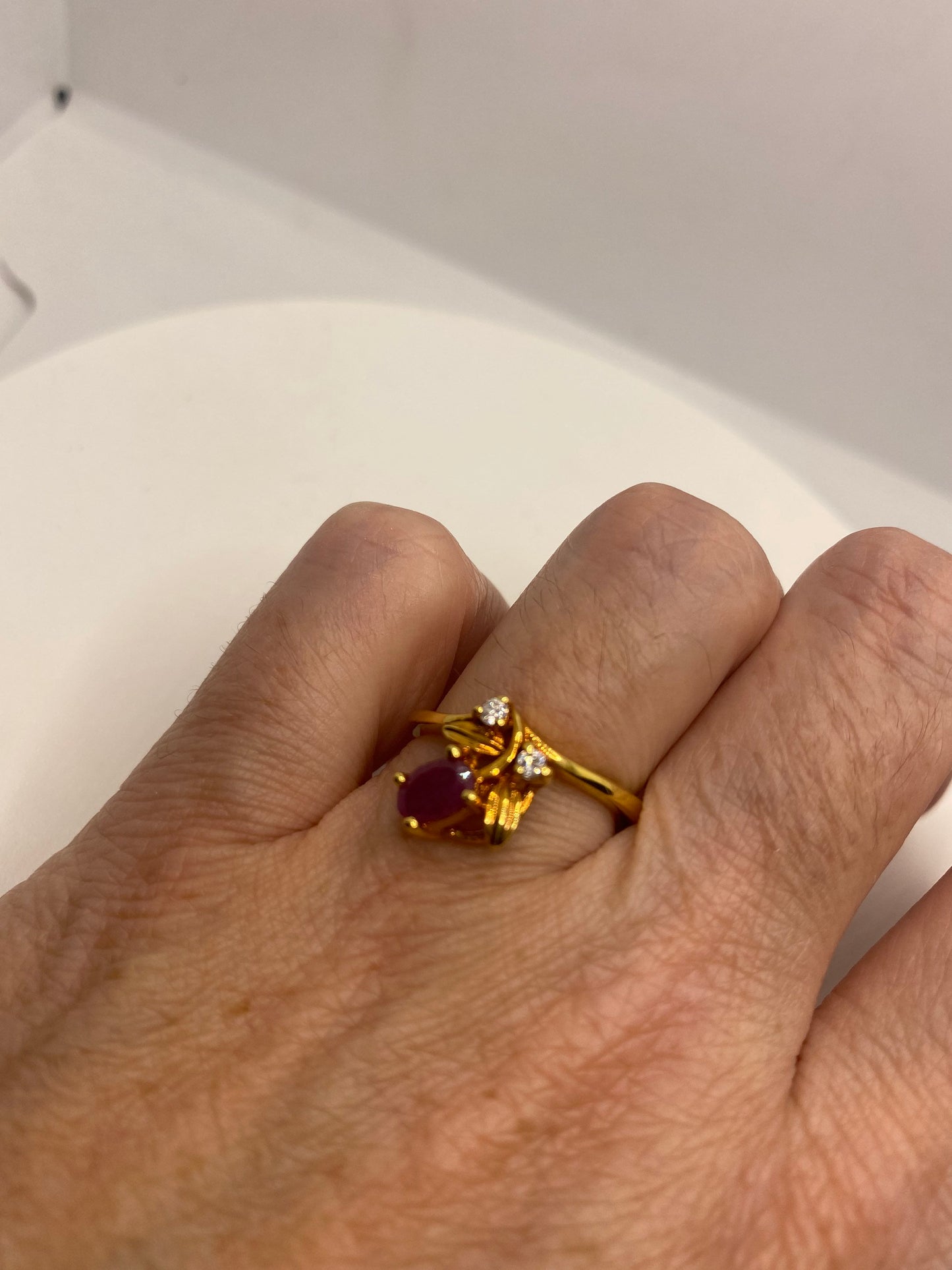 Vintage Pink Ruby Golden 925 Sterling Silver Band Ring