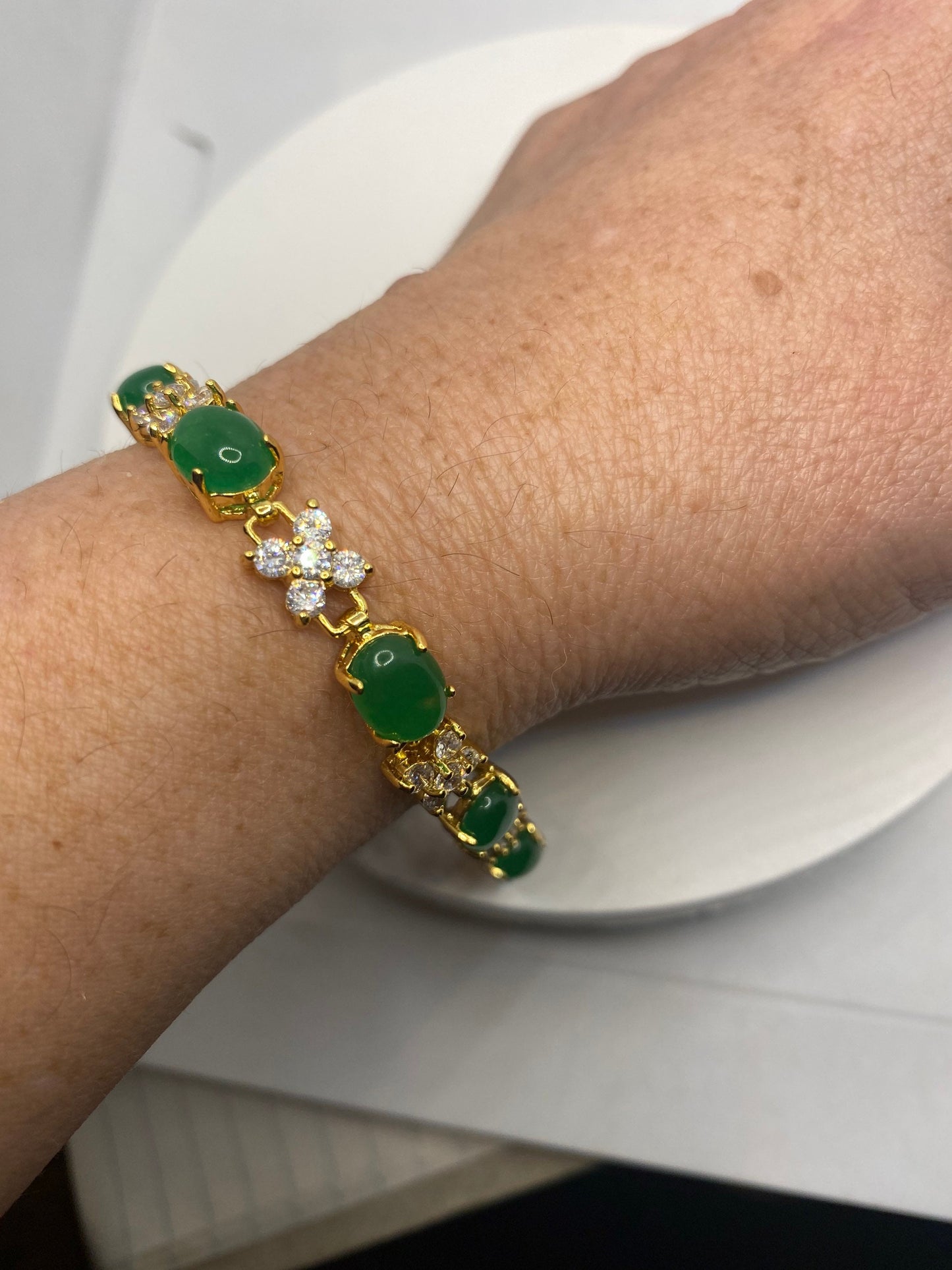 Vintage Green Jade Bracelet Golden Bronze