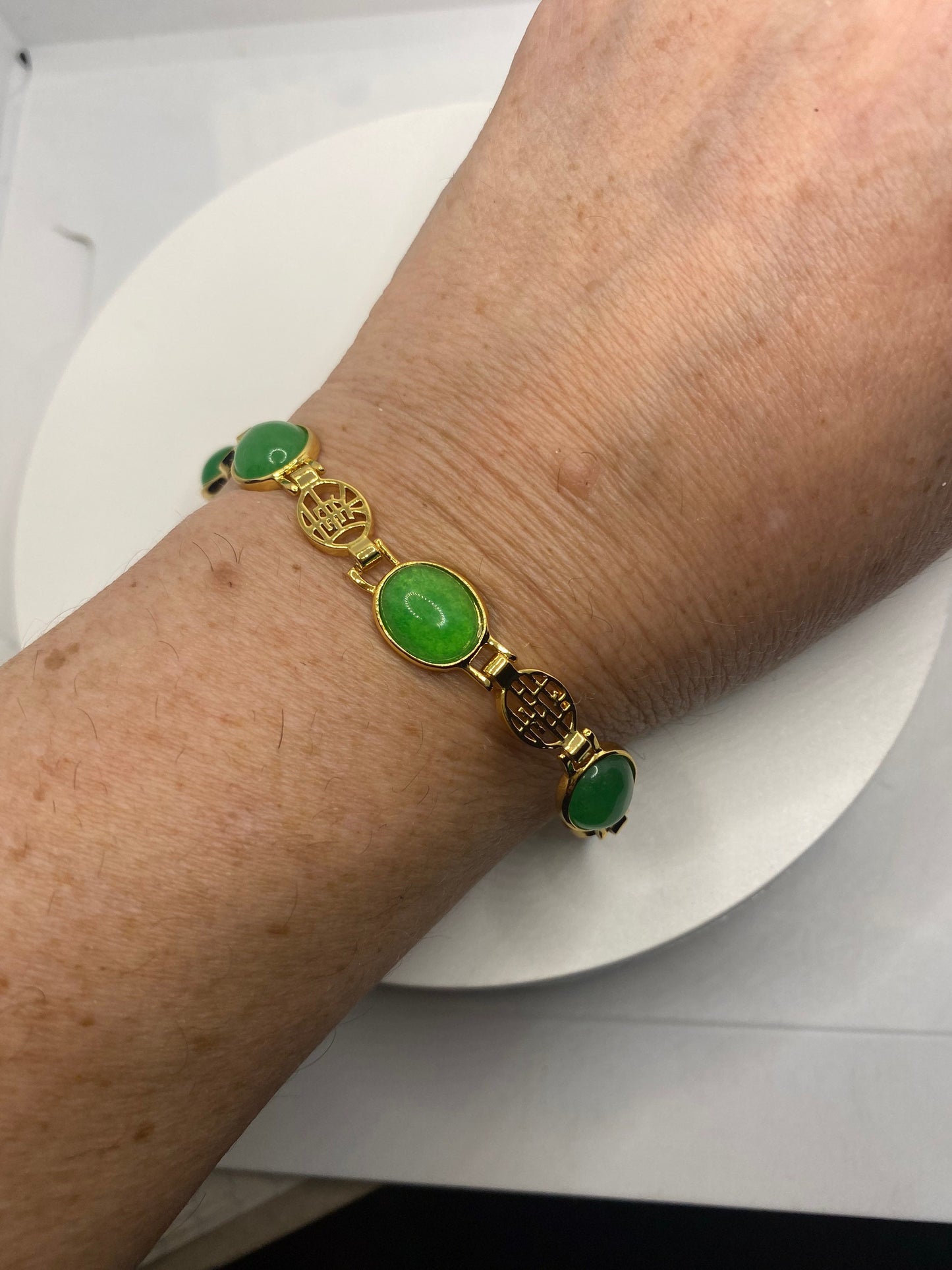 Vintage Green Jade Bracelet Golden Bronze