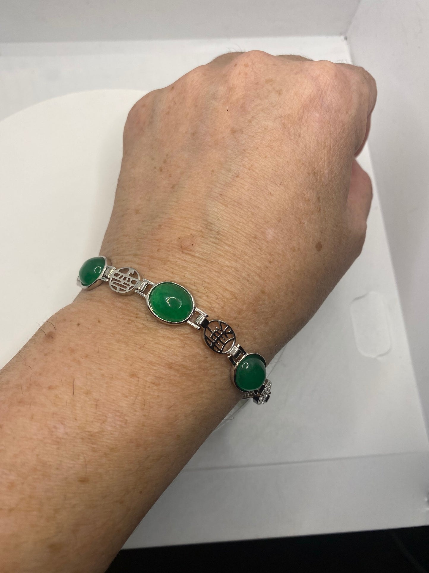 Vintage Green Jade Bracelet Silver Bronze