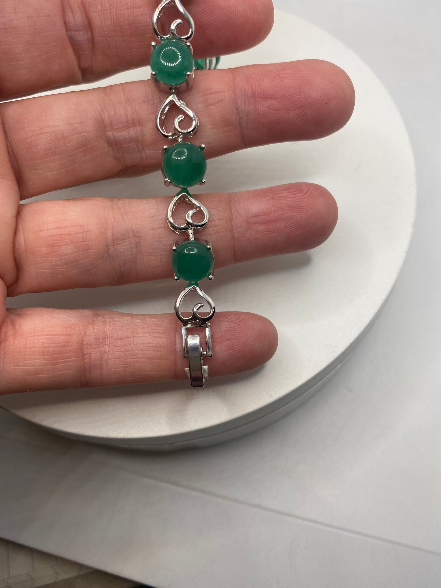 Vintage Green Jade Heart Bracelet Silver Bronze