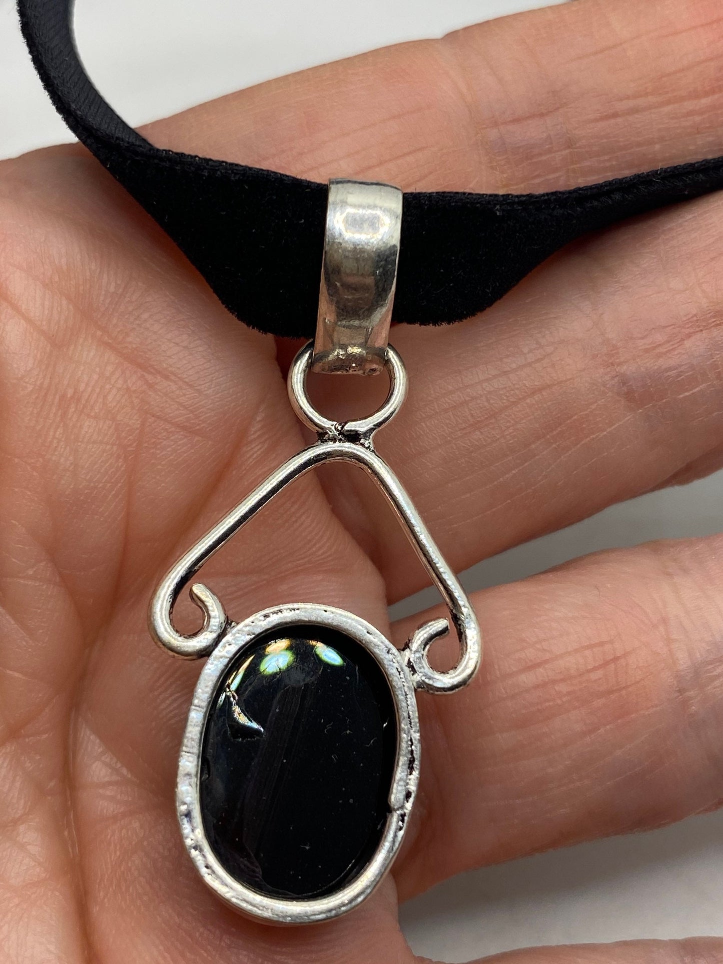 Vintage Silver Genuine Black Onyx Dangle Pendant Necklace