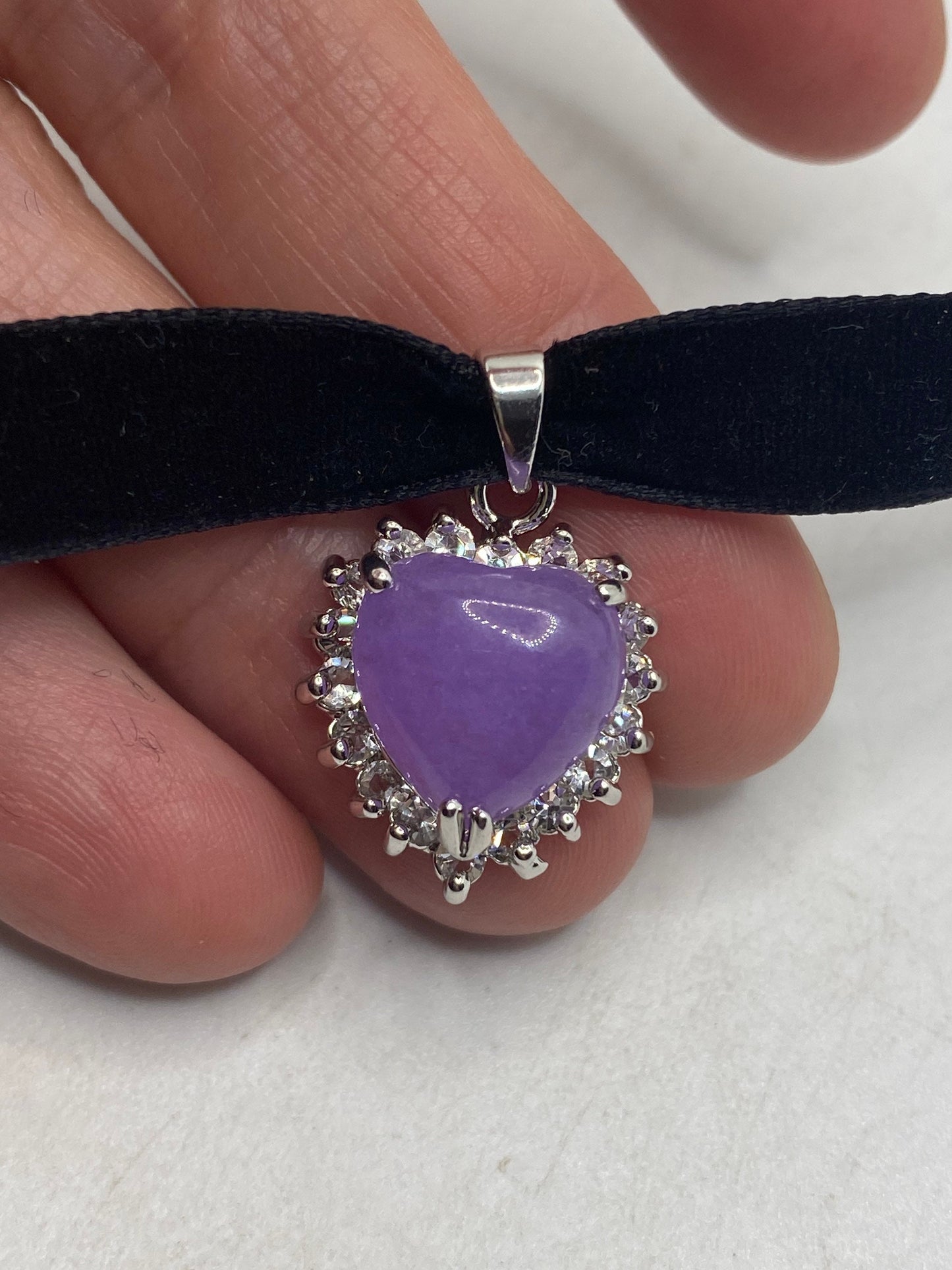Vintage Lavender Jade Heart Choker Silver Bronze Necklace Pendant