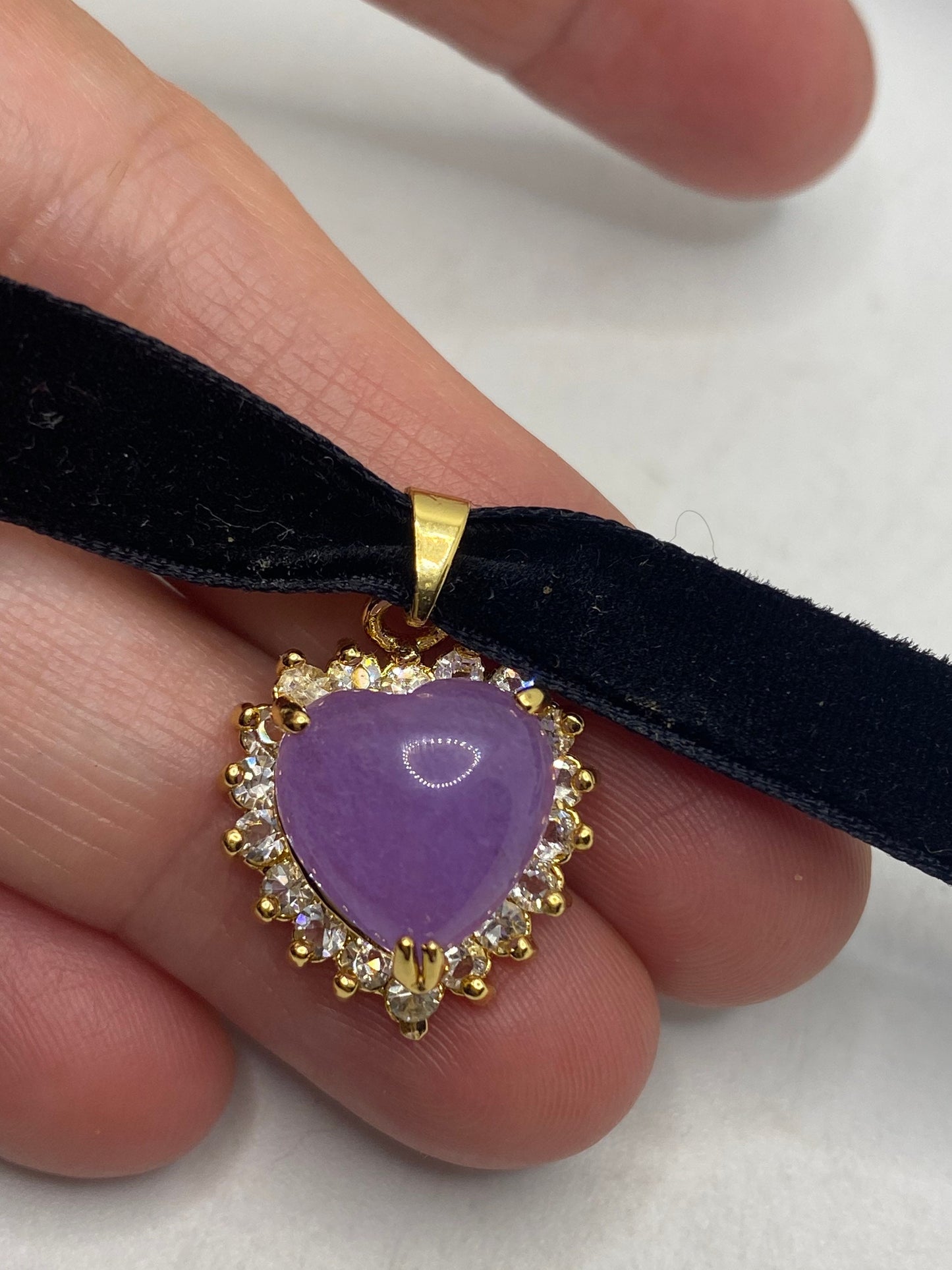 Vintage Lavender Jade Heart Choker Gold Bronze Necklace Pendant
