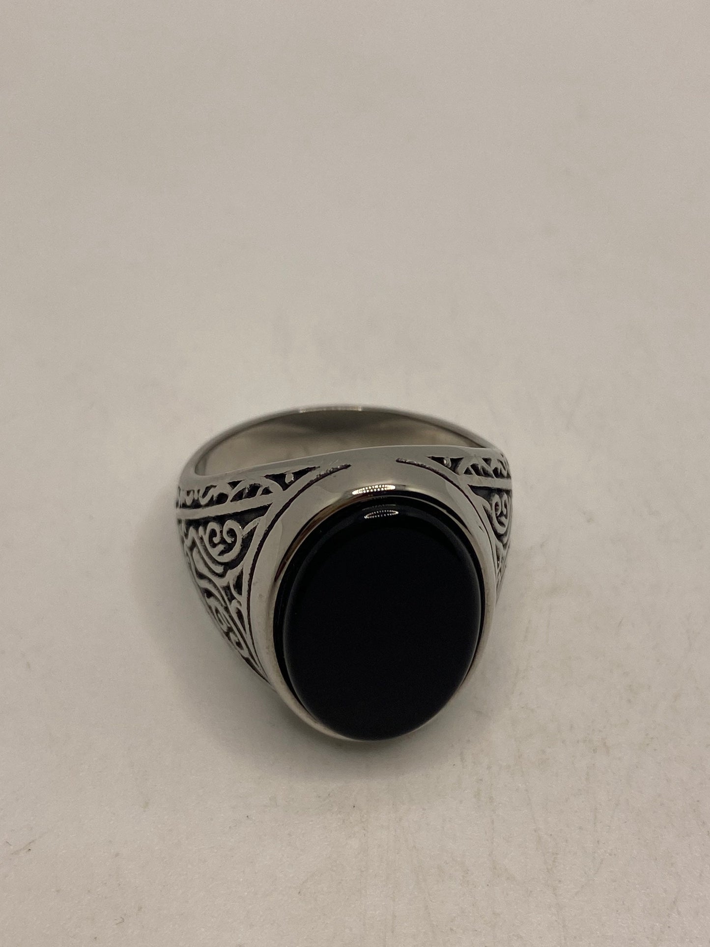 Vintage Stainless Steel Black Onyx Ring Size 11