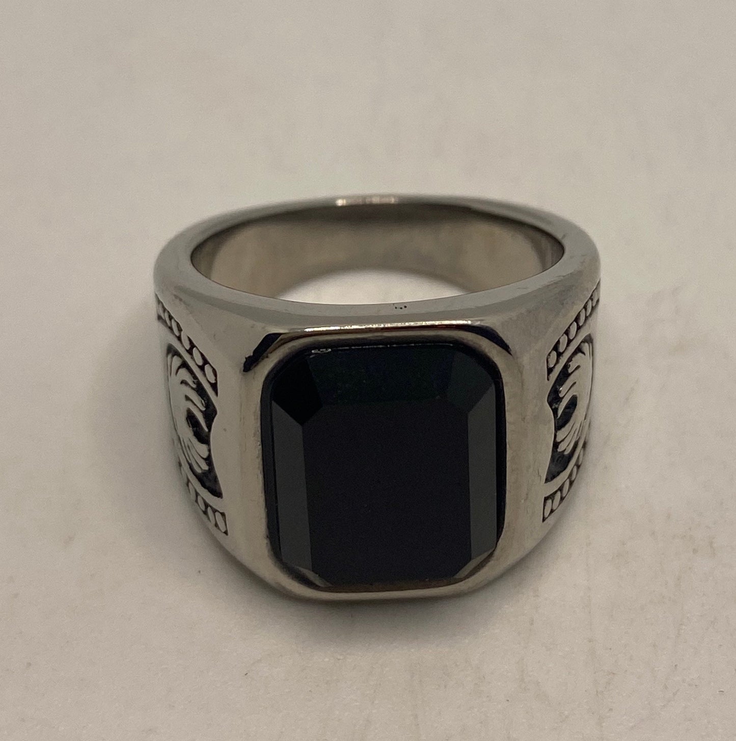 Vintage Stainless Steel Black Onyx Ring Size 8