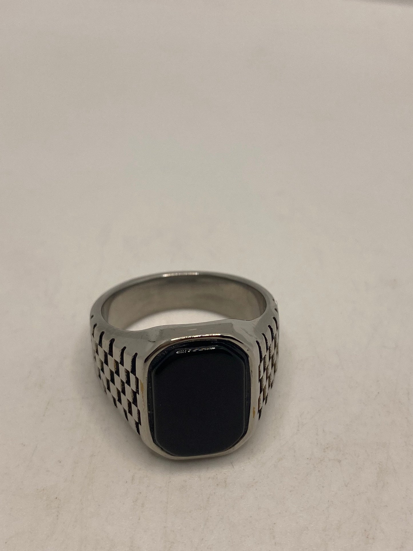 Vintage Stainless Steel Black Onyx Ring Size 9