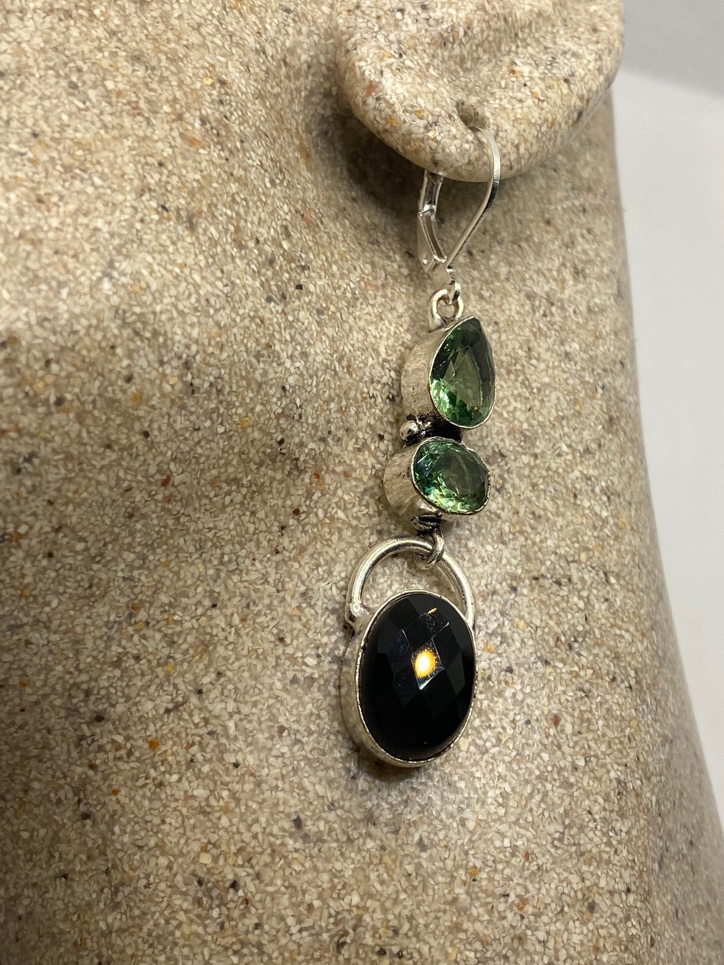 Vintage Black Onyx Green Fluorite 925 Sterling Silver Deco Dangle Chandelier