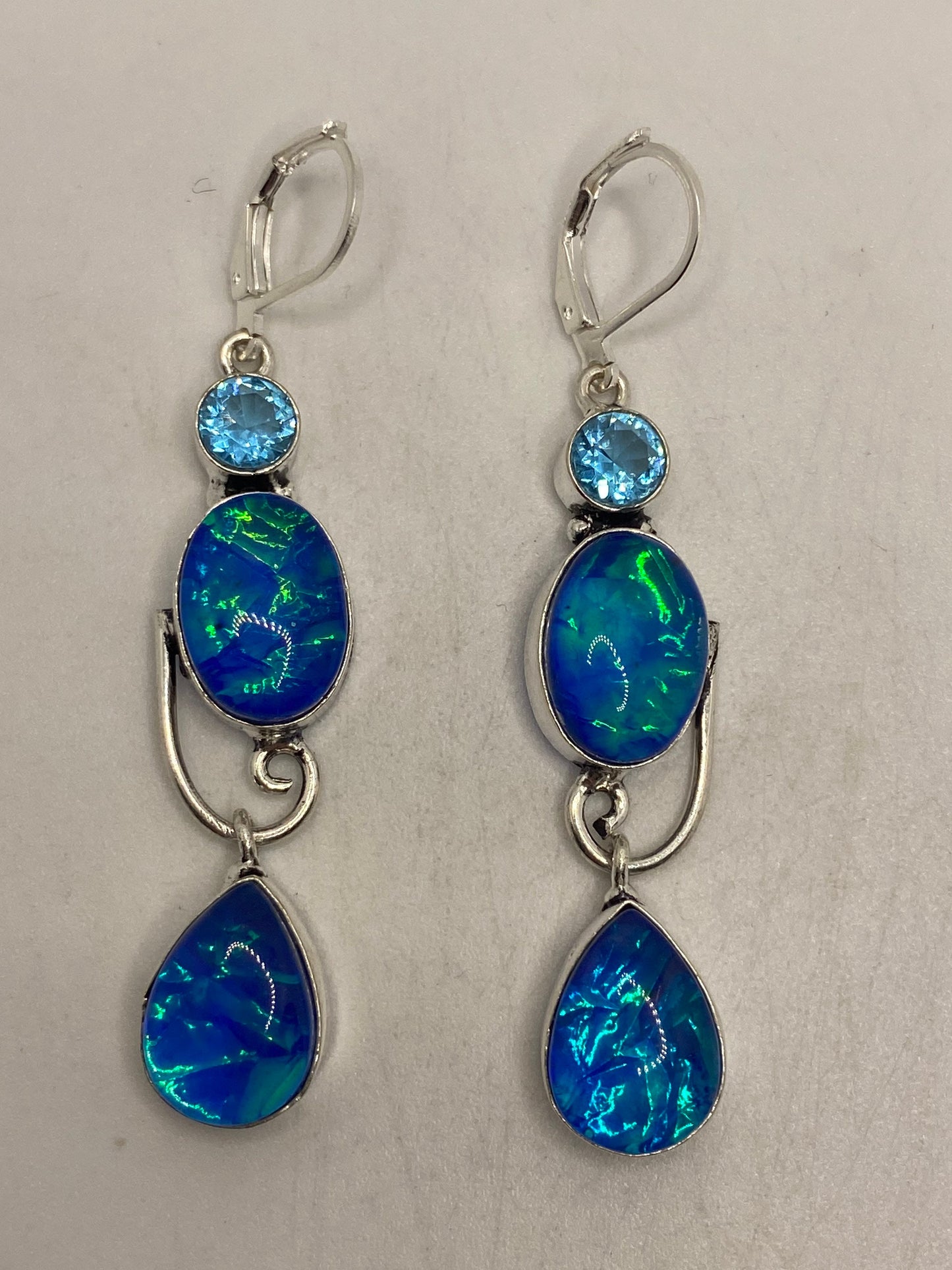 Vintage Blue Butterfly Wing Glass Earrings 925 Sterling Silver Lever-back