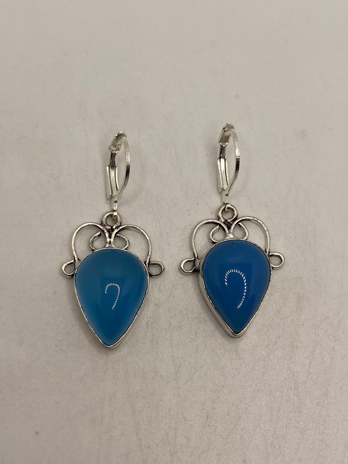 Vintage Blue Chalcedony Earrings Silver Dangle