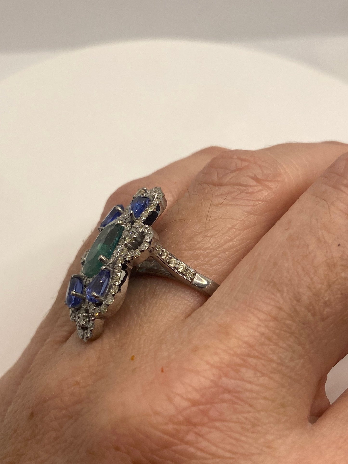 Vintage Emerald Tanzanite Diamond Cocktail Ring 925 Sterling Silver Size 6.5